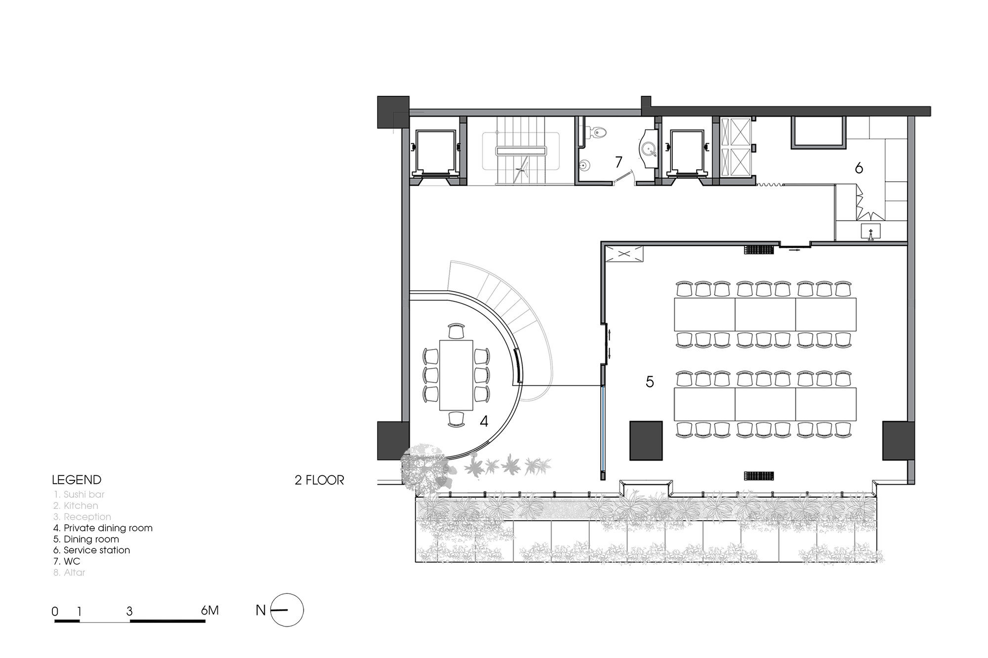 Second floor plan drawing showing dining room with rows of seating and adjacent exterior terrace plantings