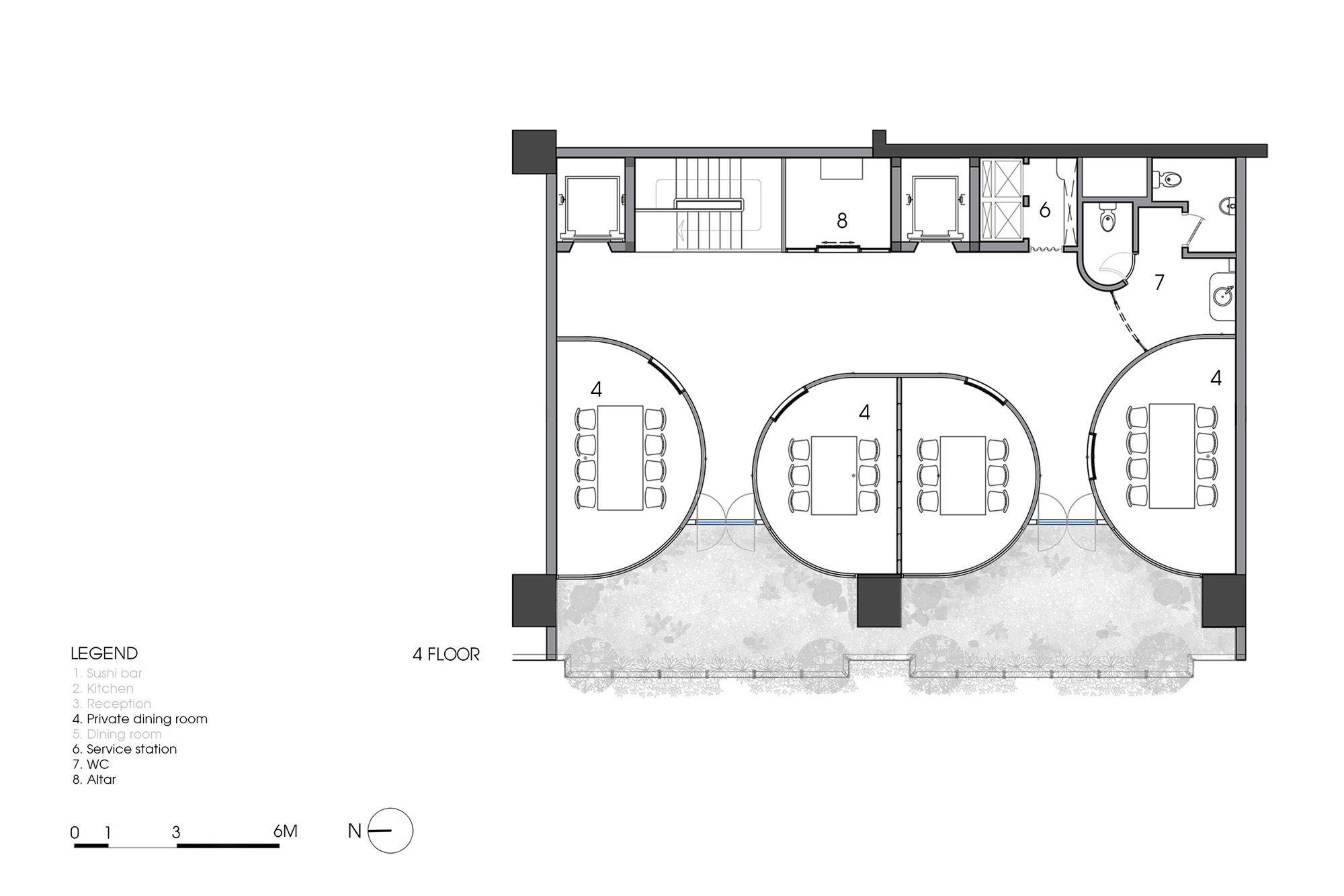 Floor plan drawing showing four private dining rooms with curved wall partitions and service areas