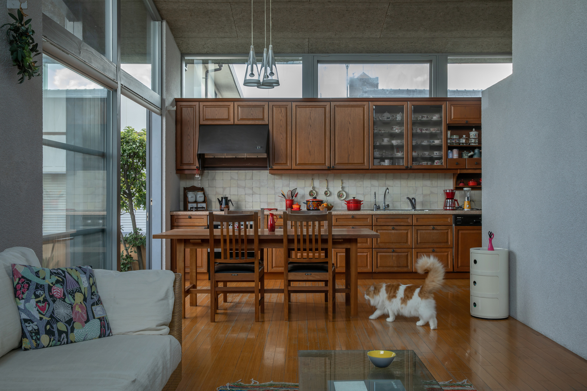 Open kitchen with timber cabinetry and dining table beneath exposed concrete ceiling and clerestory windows