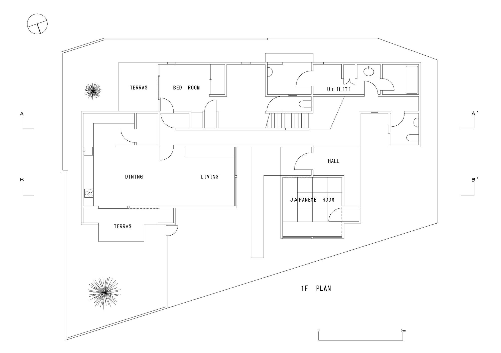 First floor plan drawing showing living and dining areas with tatami room and terraces
