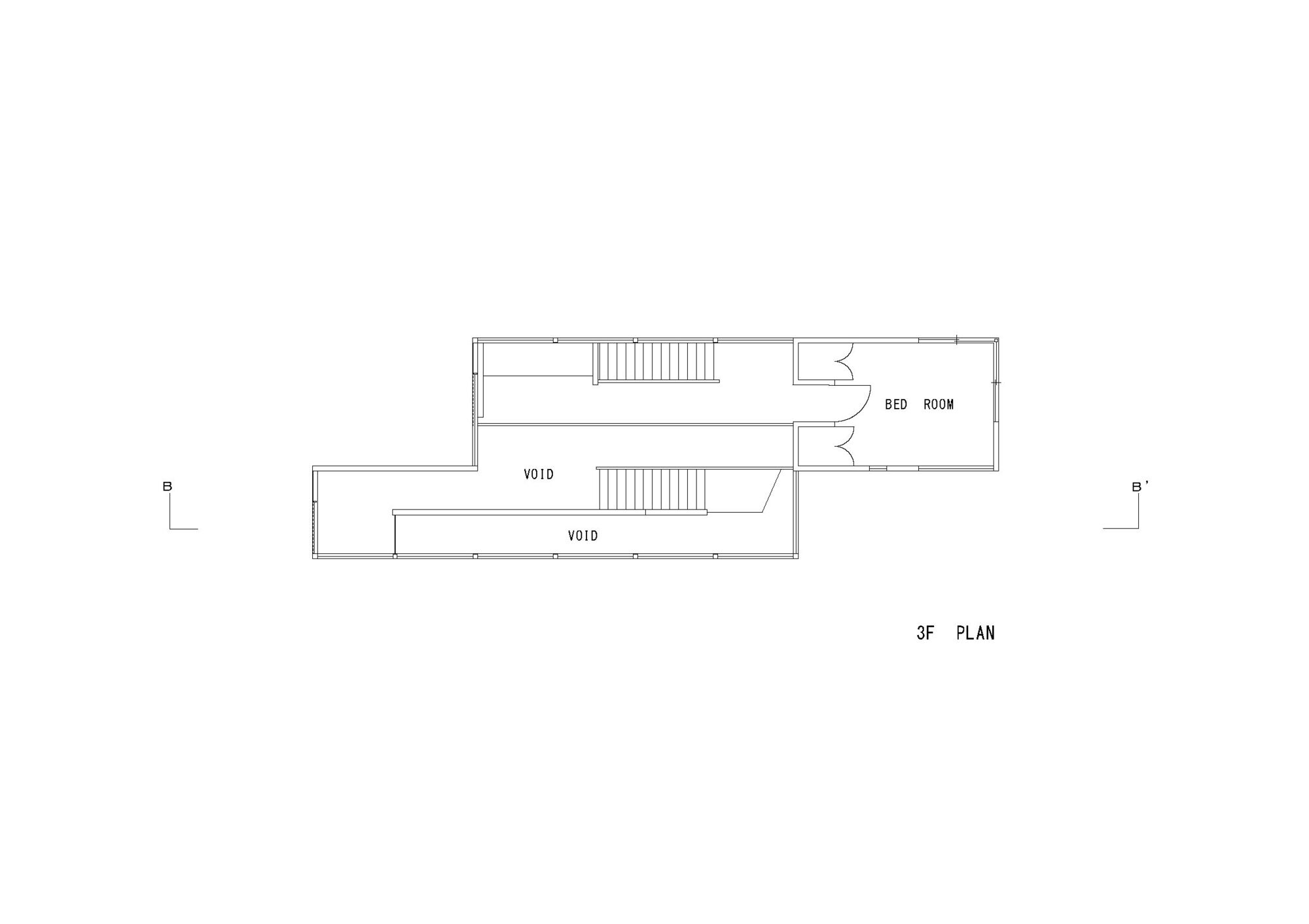 Third floor plan drawing showing a single bedroom with double-height voids flanking the staircase