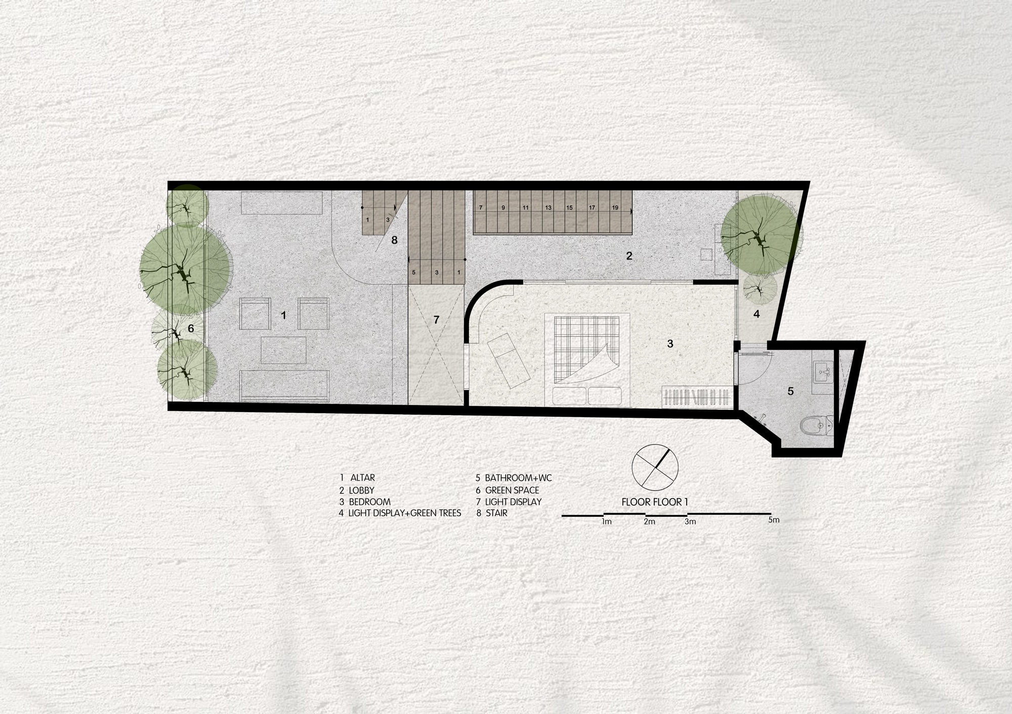 Ground floor plan showing a linear layout with courtyard, staircase and green space at one end