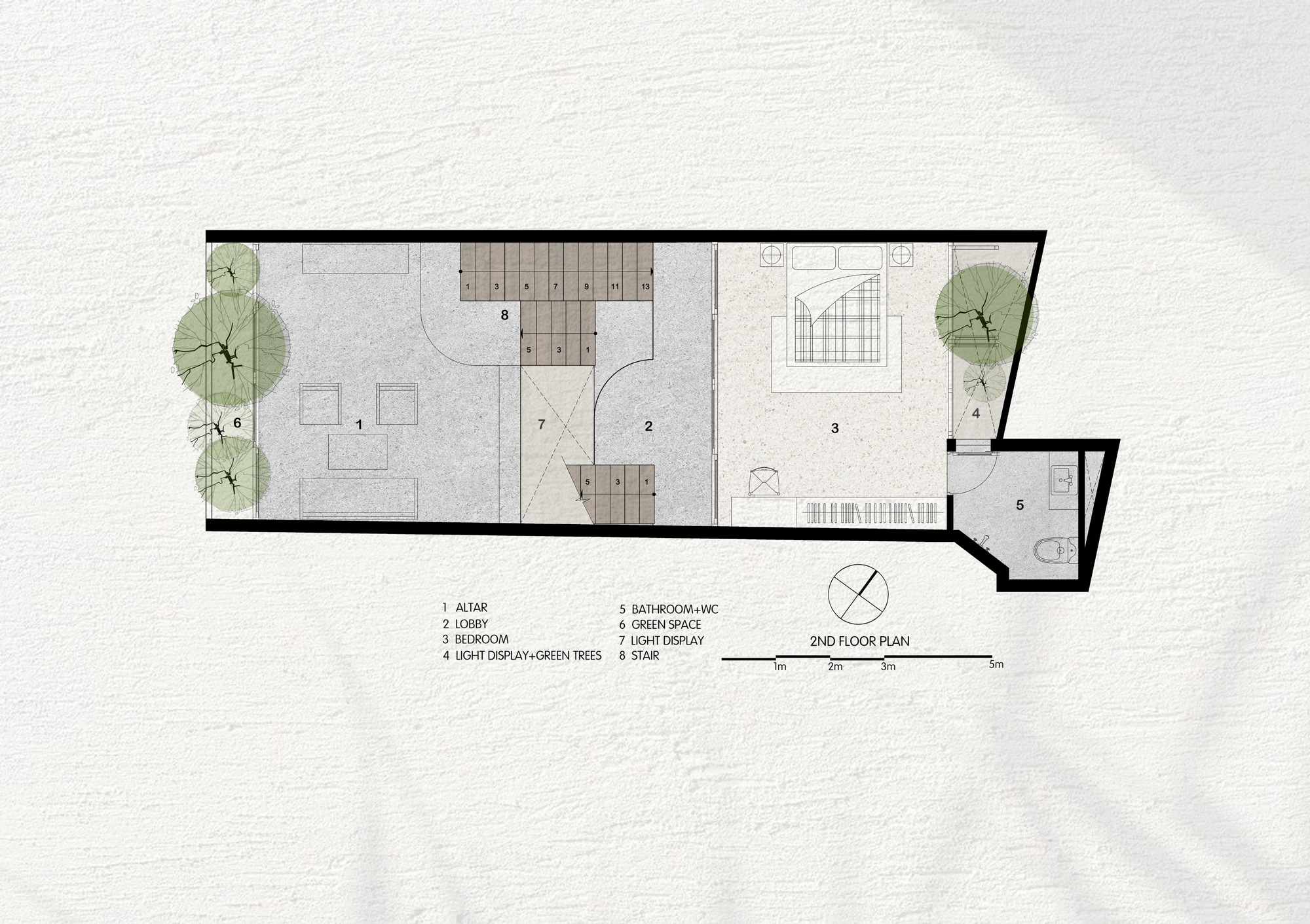 Second floor plan with bedroom, lobby and balcony arranged along a slender rectangular footprint