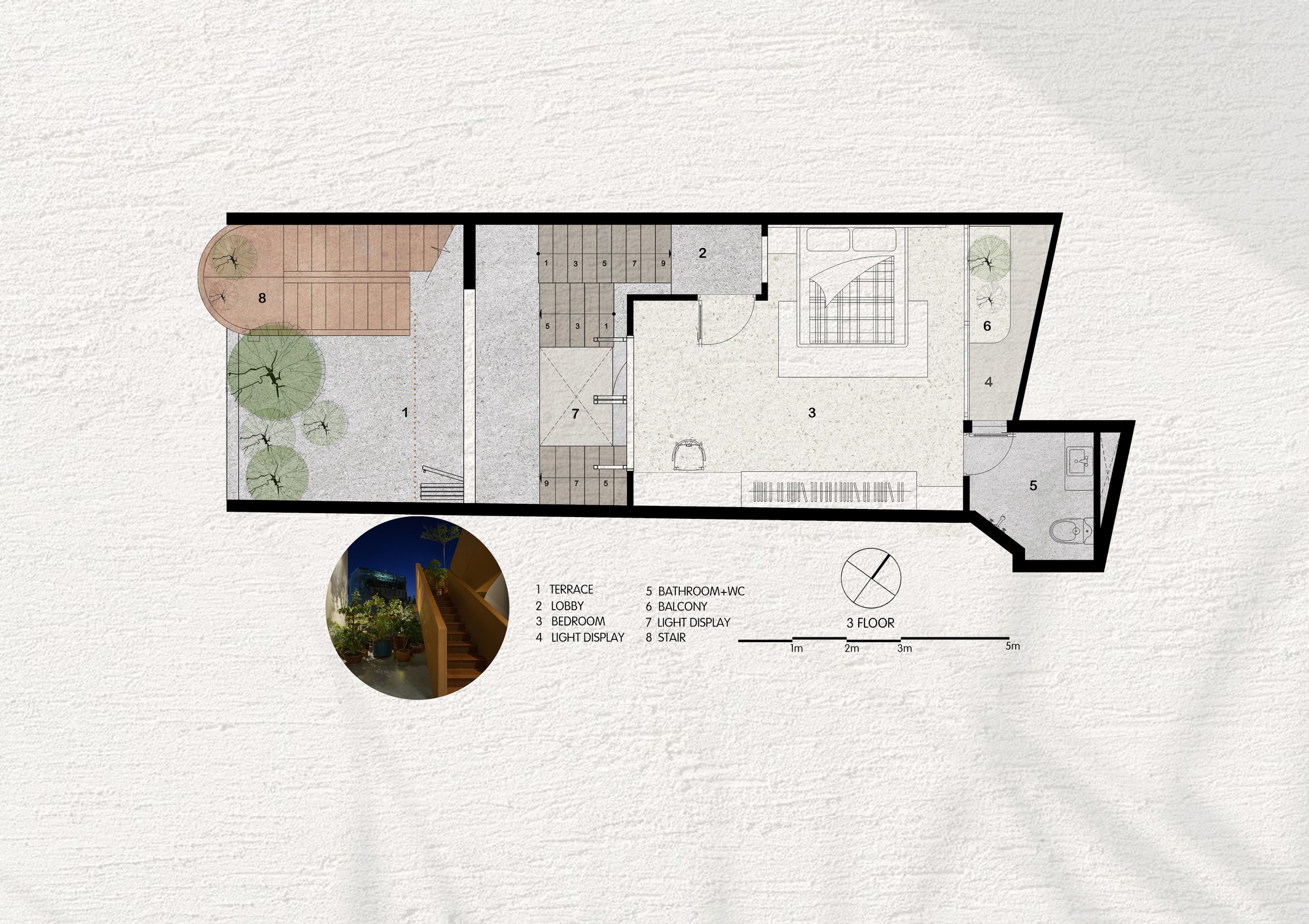 Third floor plan featuring terrace with planted trees and curved stair detail in circular inset