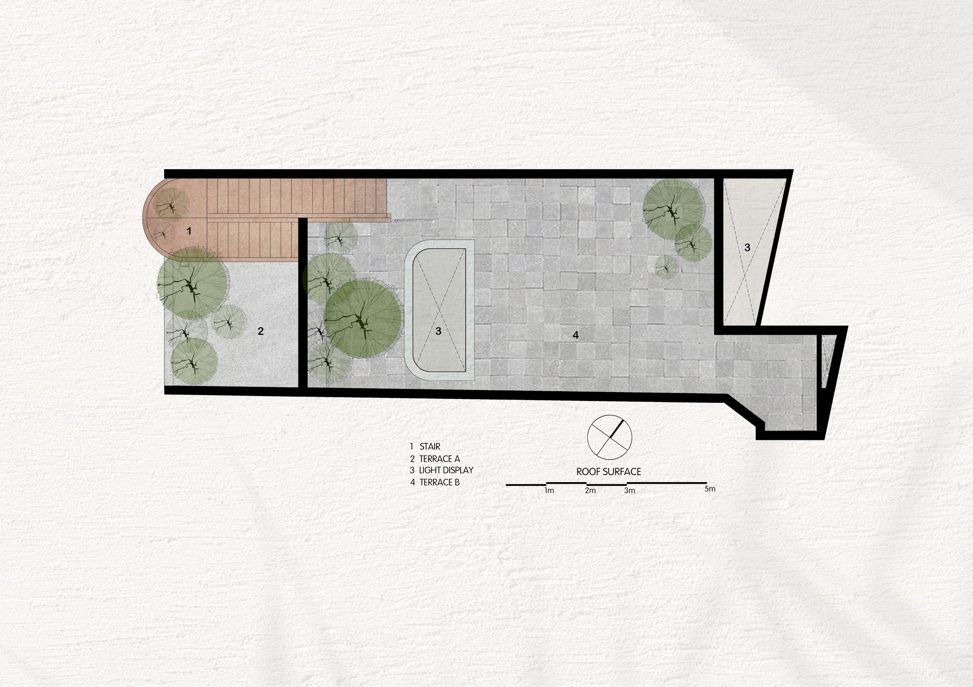 Roof surface plan showing terrace areas with tree planting and paved zones