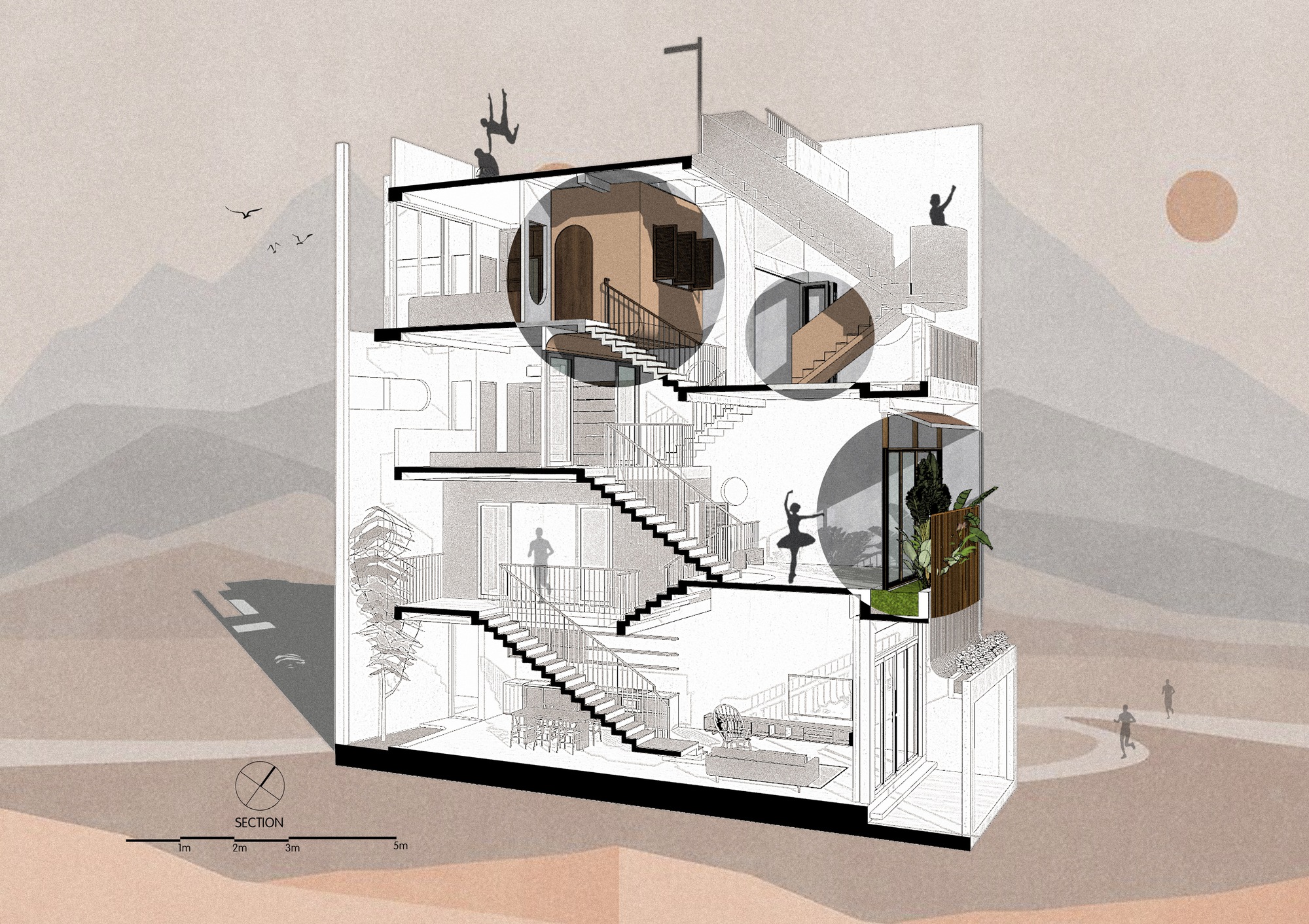Section drawing revealing four levels connected by a zigzagging staircase with photographic detail insets