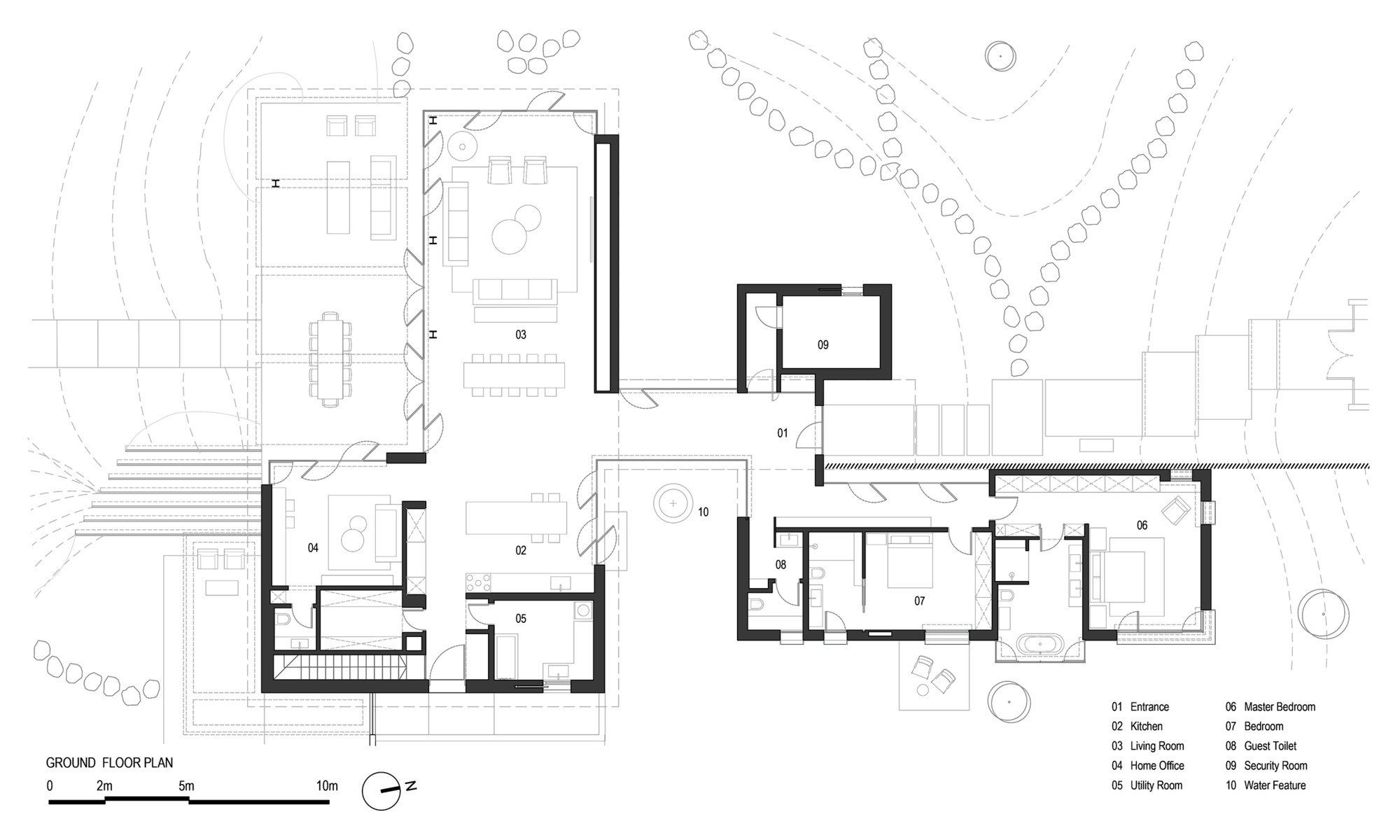 Ground floor plan drawing showing interconnected living spaces and bedrooms with surrounding topography and vegetation