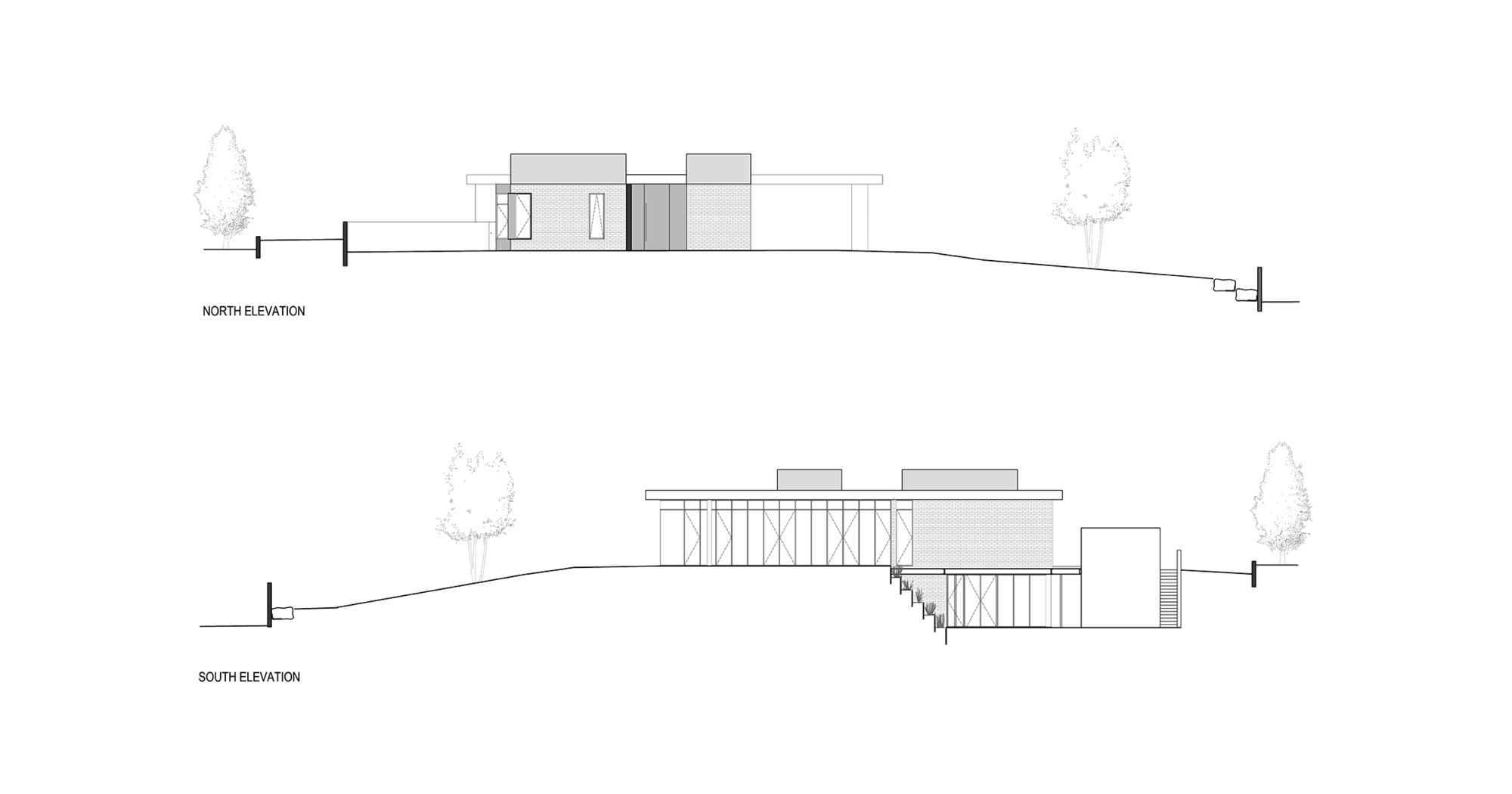 North and south elevation drawings showing the horizontal building volumes on sloping ground with trees