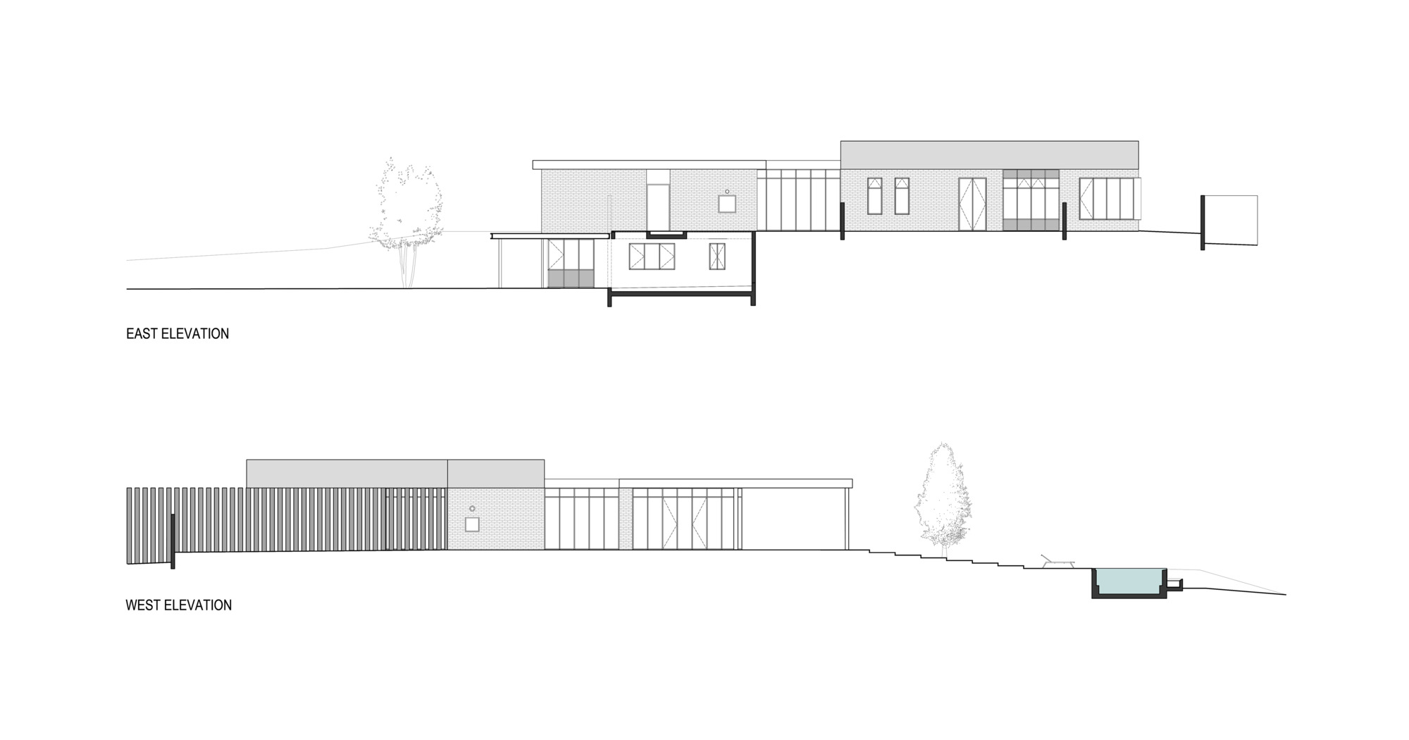 East and west elevation drawings showing the linear structure with pool and vertical screen elements