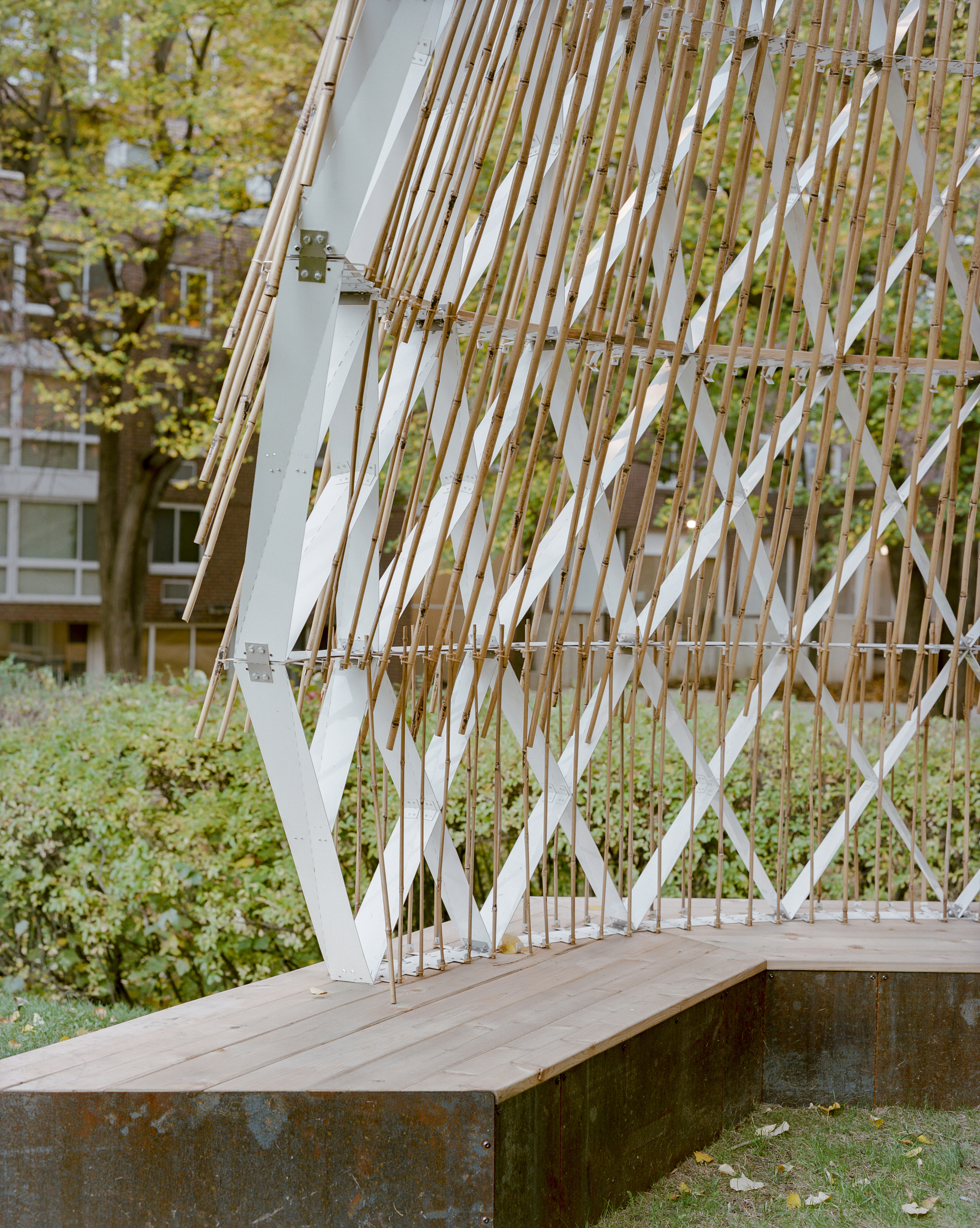 Detail of the angled lattice wall meeting the timber bench and rusted steel base