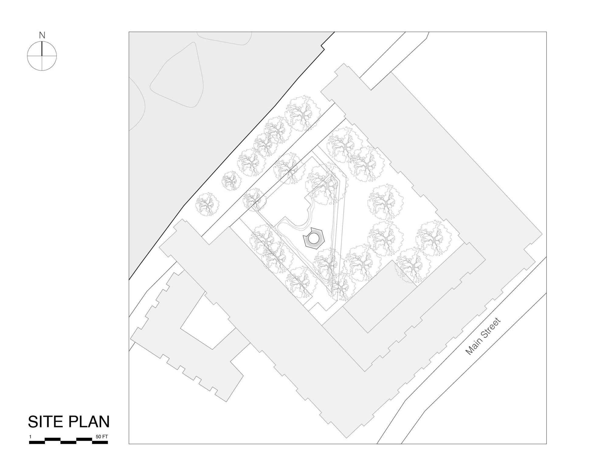 Site plan drawing showing diamond-shaped structure within landscaped courtyard surrounded by existing buildings