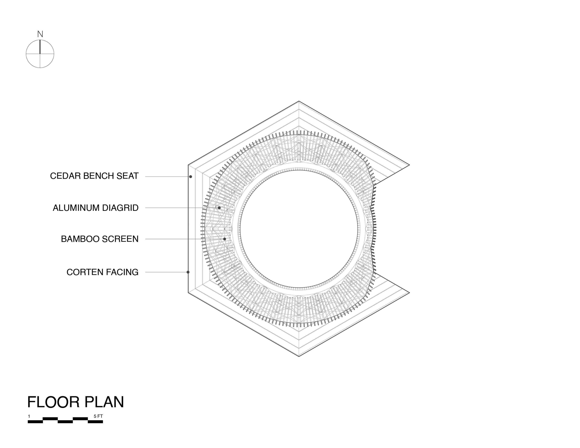 Floor plan drawing showing circular central space within hexagonal perimeter with labeled material layers