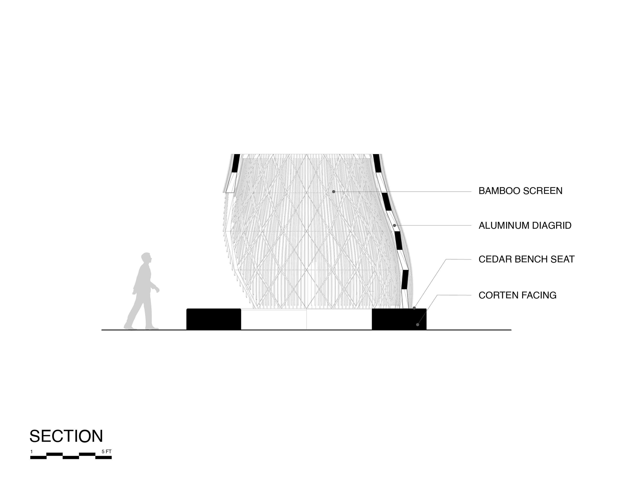 Section drawing showing a bulbous form with bamboo screen, aluminum diagrid, bench seat, and corten base