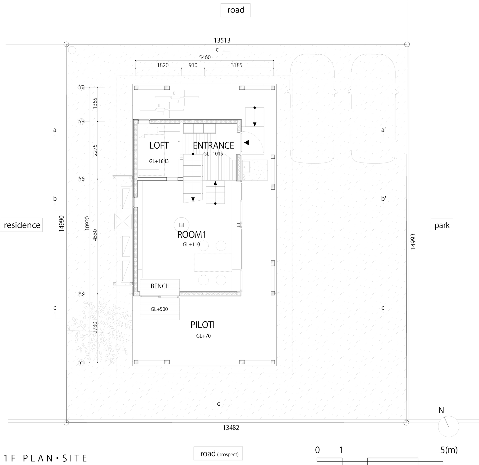 First floor plan drawing showing loft, entrance, main room and piloti level with labeled dimensions