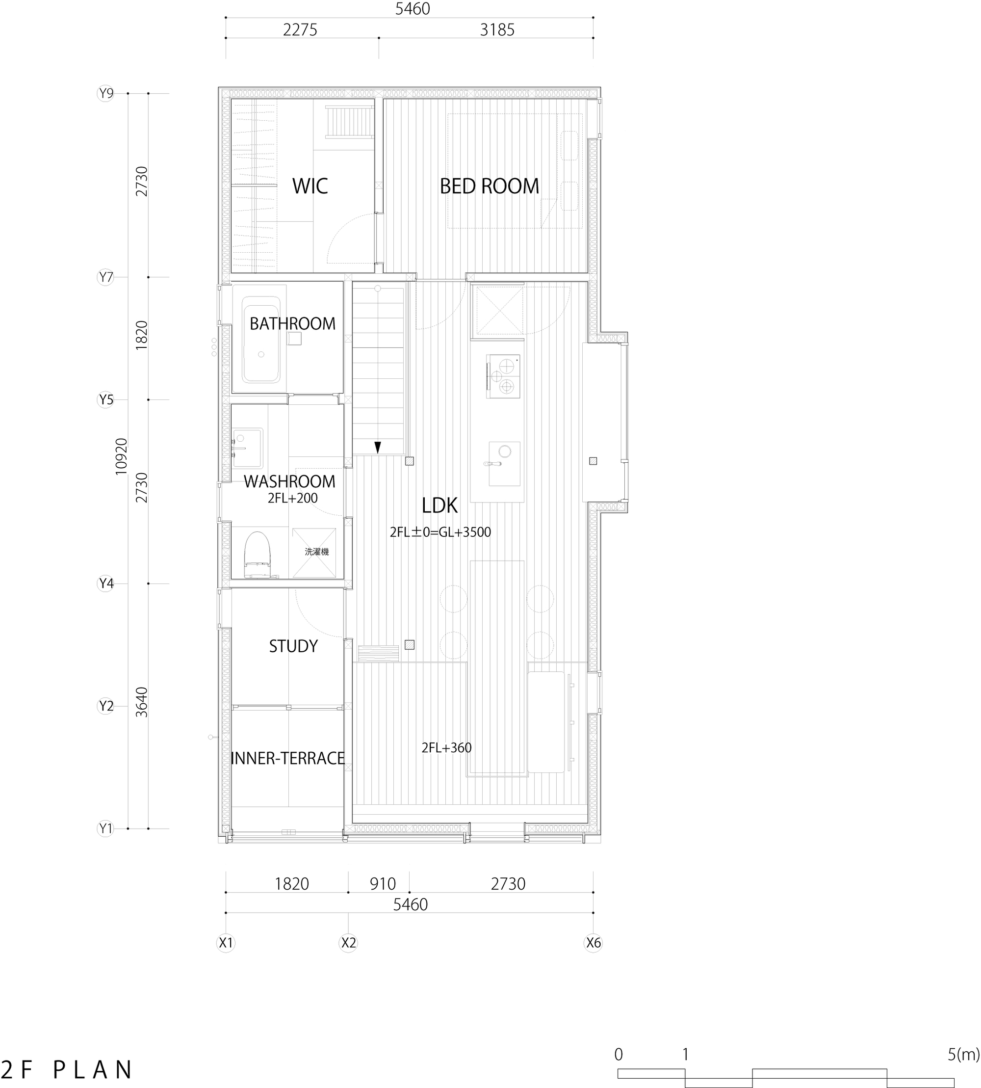 Floor plan drawing showing second floor layout with bedroom, bathroom, study, and open living-dining-kitchen area