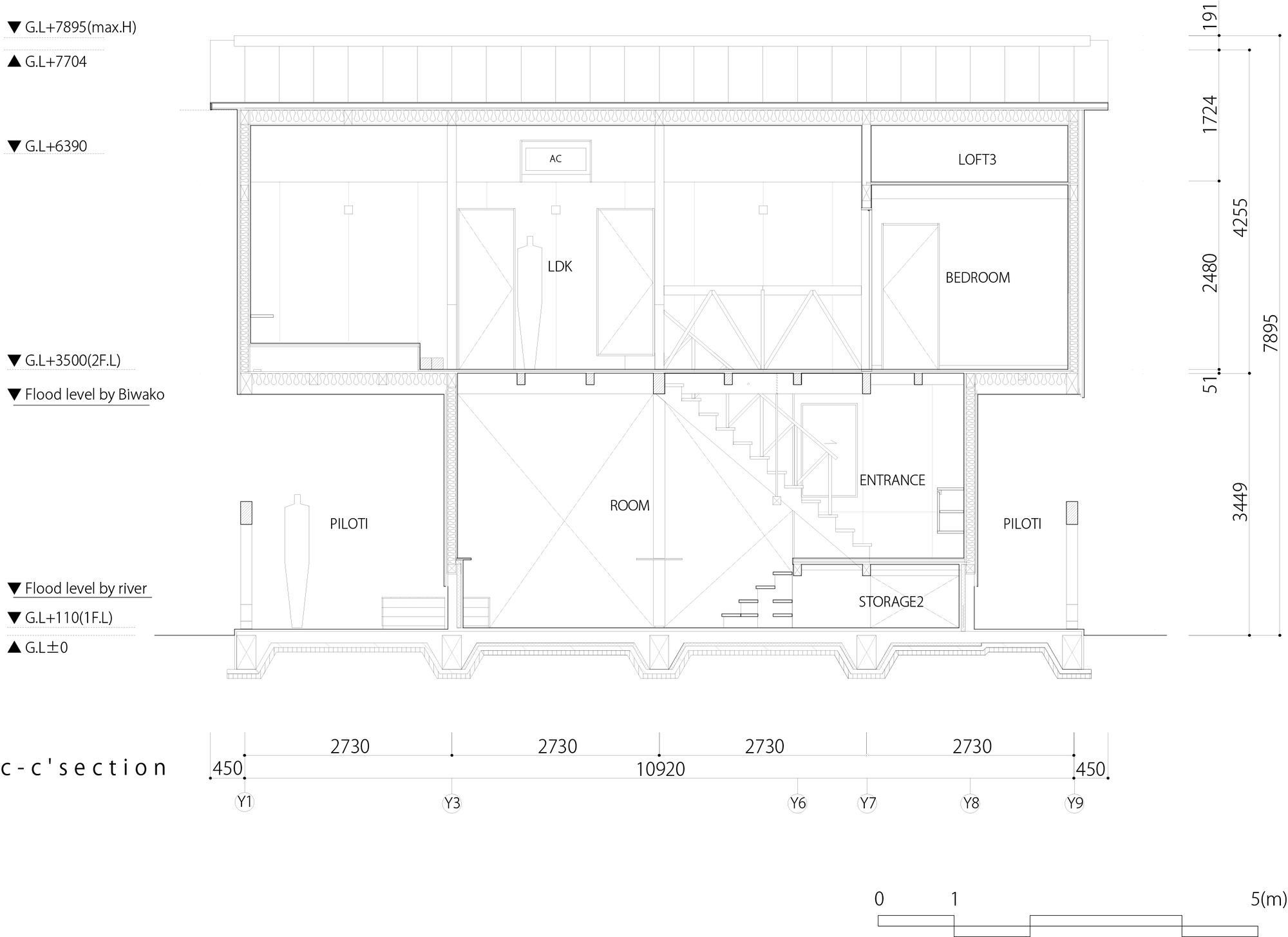 Section drawing showing two-story volume with gabled roof, loft spaces, and elevated piloti foundation