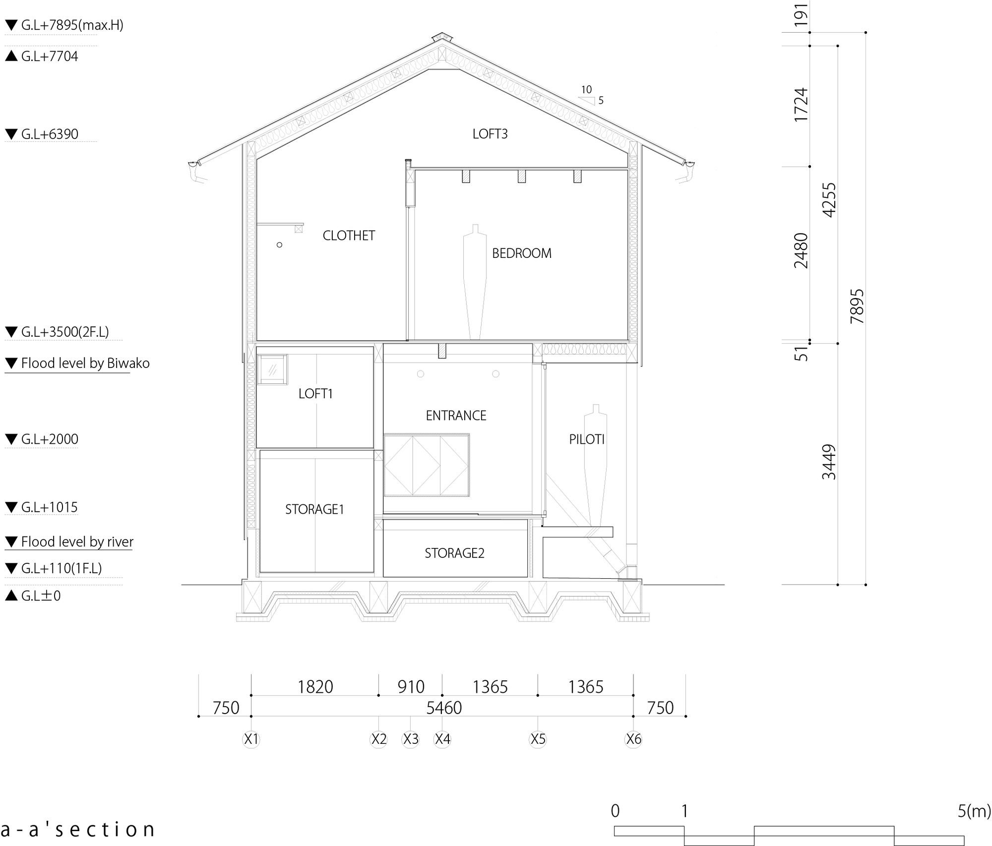 Section drawing revealing the interior organization with storage, entrance, piloti, and upper bedroom with loft