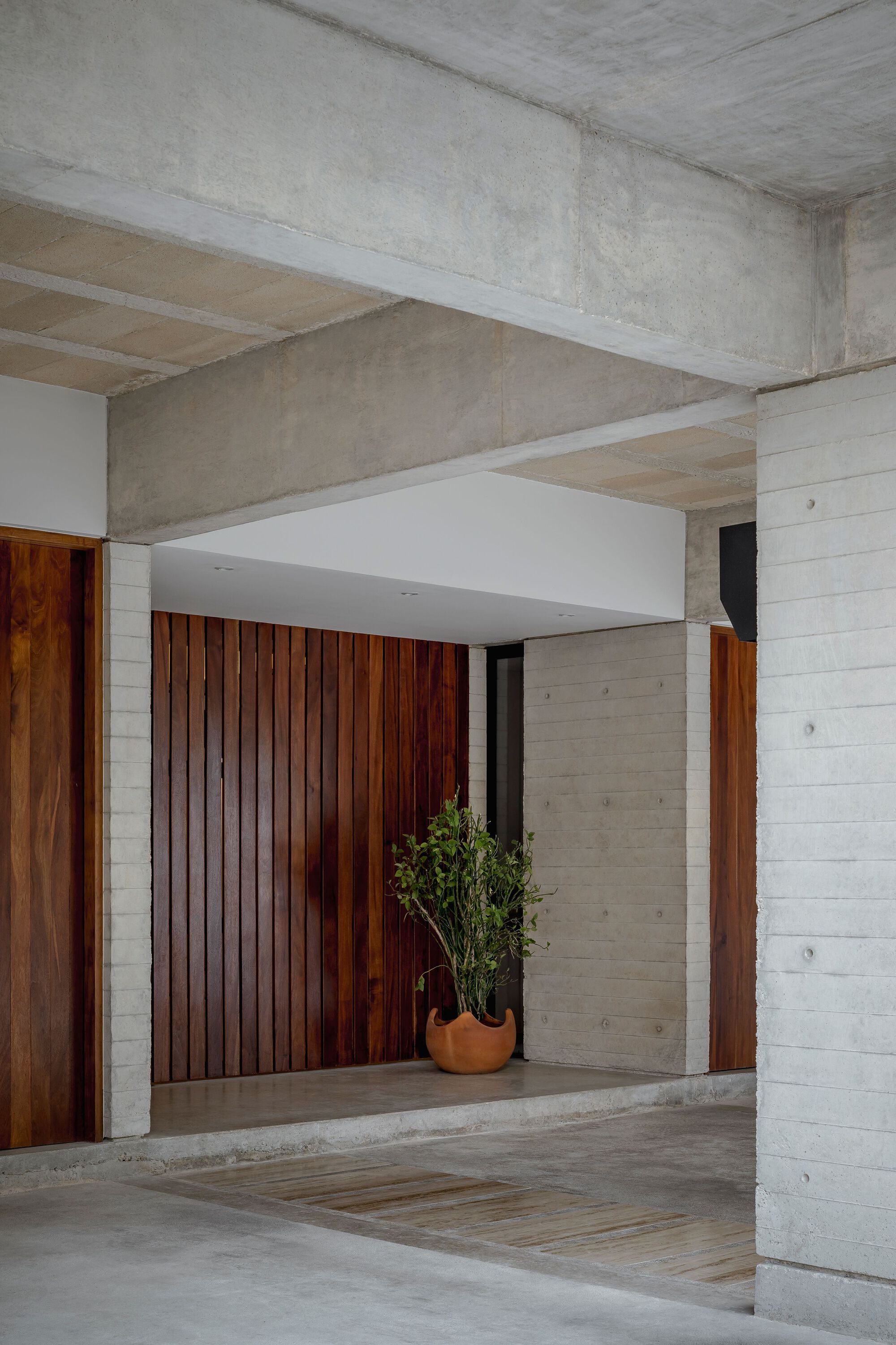 Entry threshold with vertical timber door panels and potted plant against board-formed concrete walls