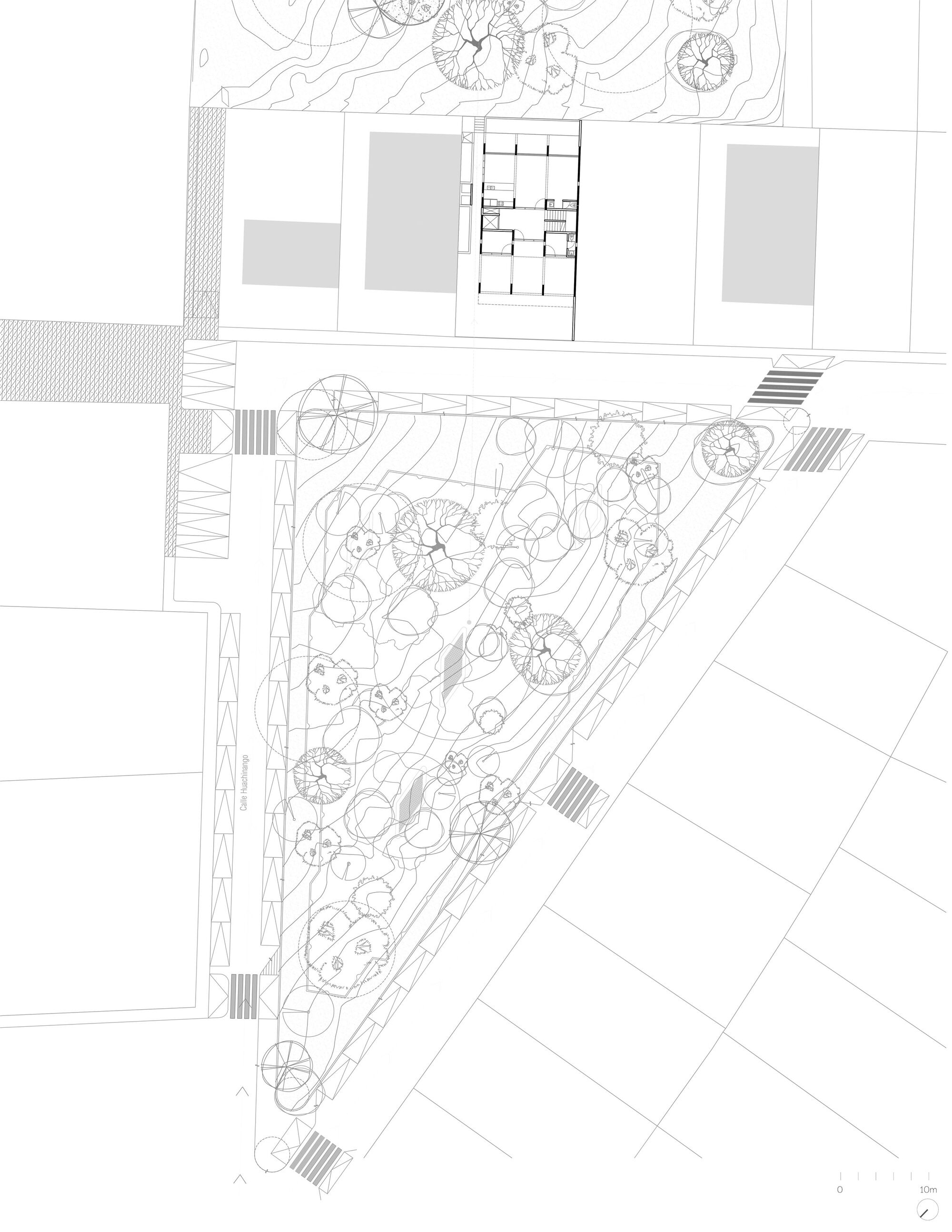 Site plan drawing showing triangular landscaped garden with tree symbols adjacent to building footprint and street edge