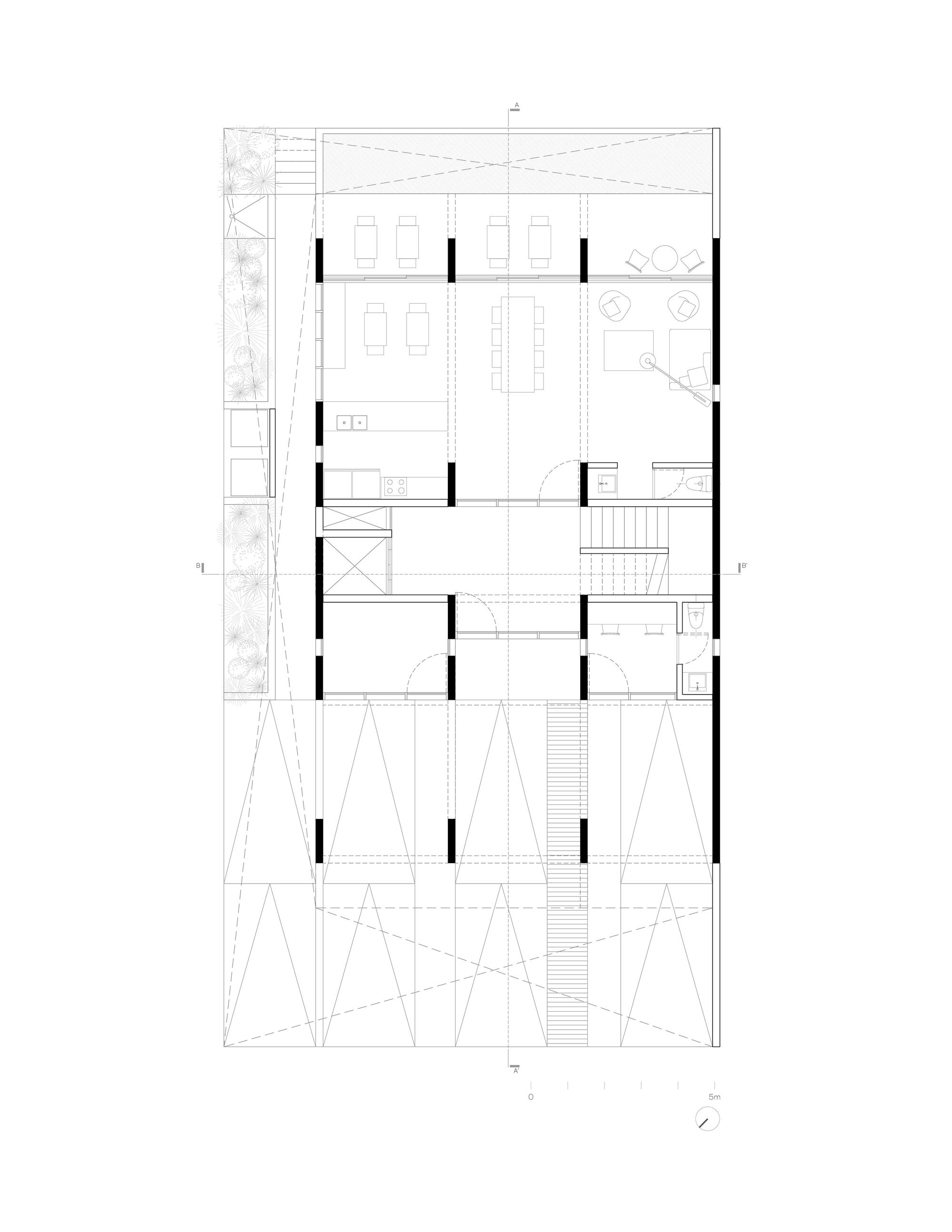 Floor plan drawing showing residential units with central stair and diagonal structural bracing on one facade