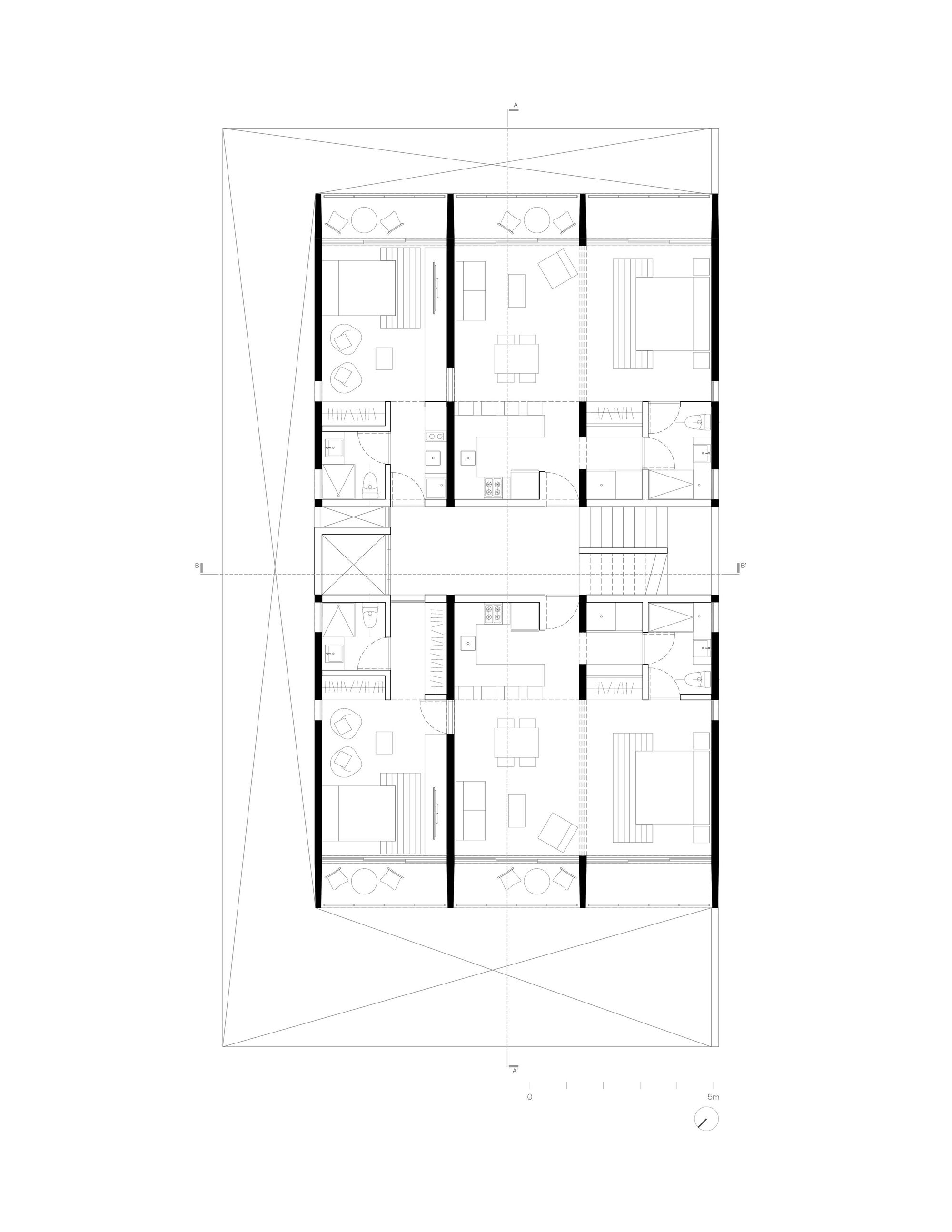 Floor plan drawing of upper level with multiple dwelling units arranged symmetrically around a central circulation core