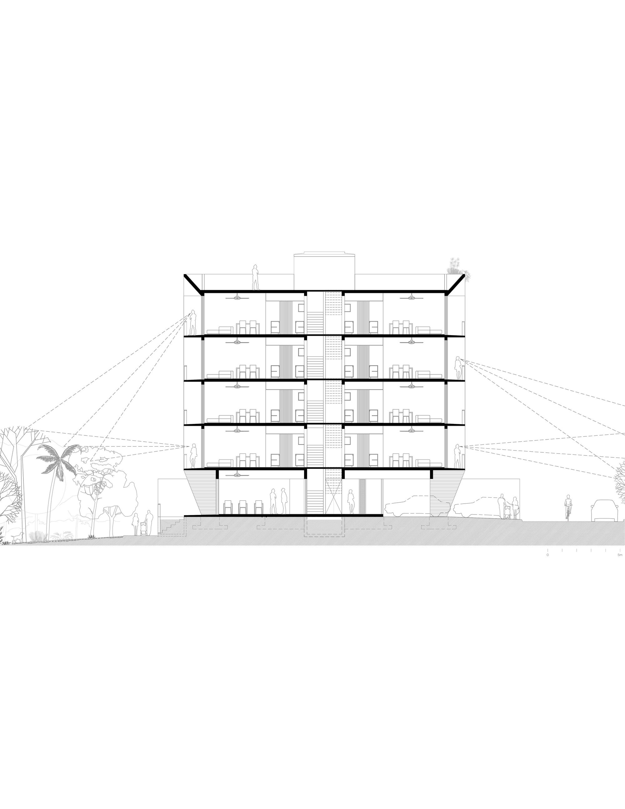 Section drawing of a five-story building with central stairwell core and palm trees in the landscape