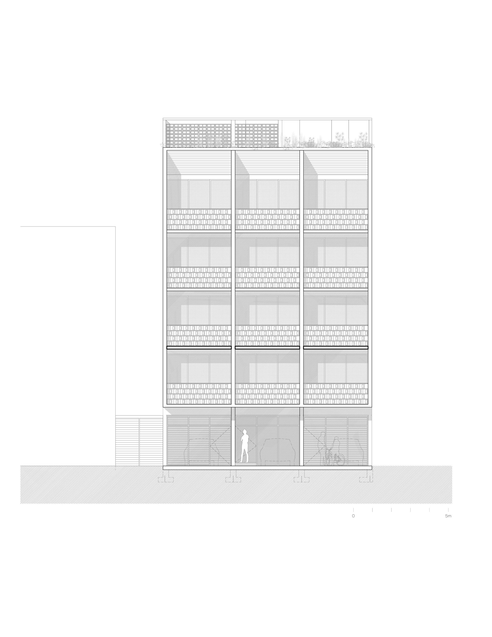 Elevation drawing showing a facade with alternating bands of glazing and patterned brickwork across five levels