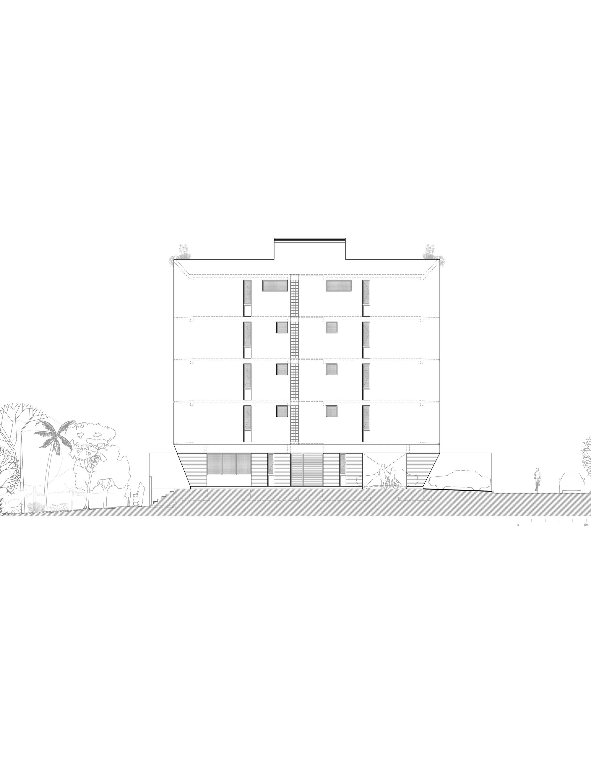 Elevation drawing of a symmetrical facade with vertical window slots and palm trees at ground level