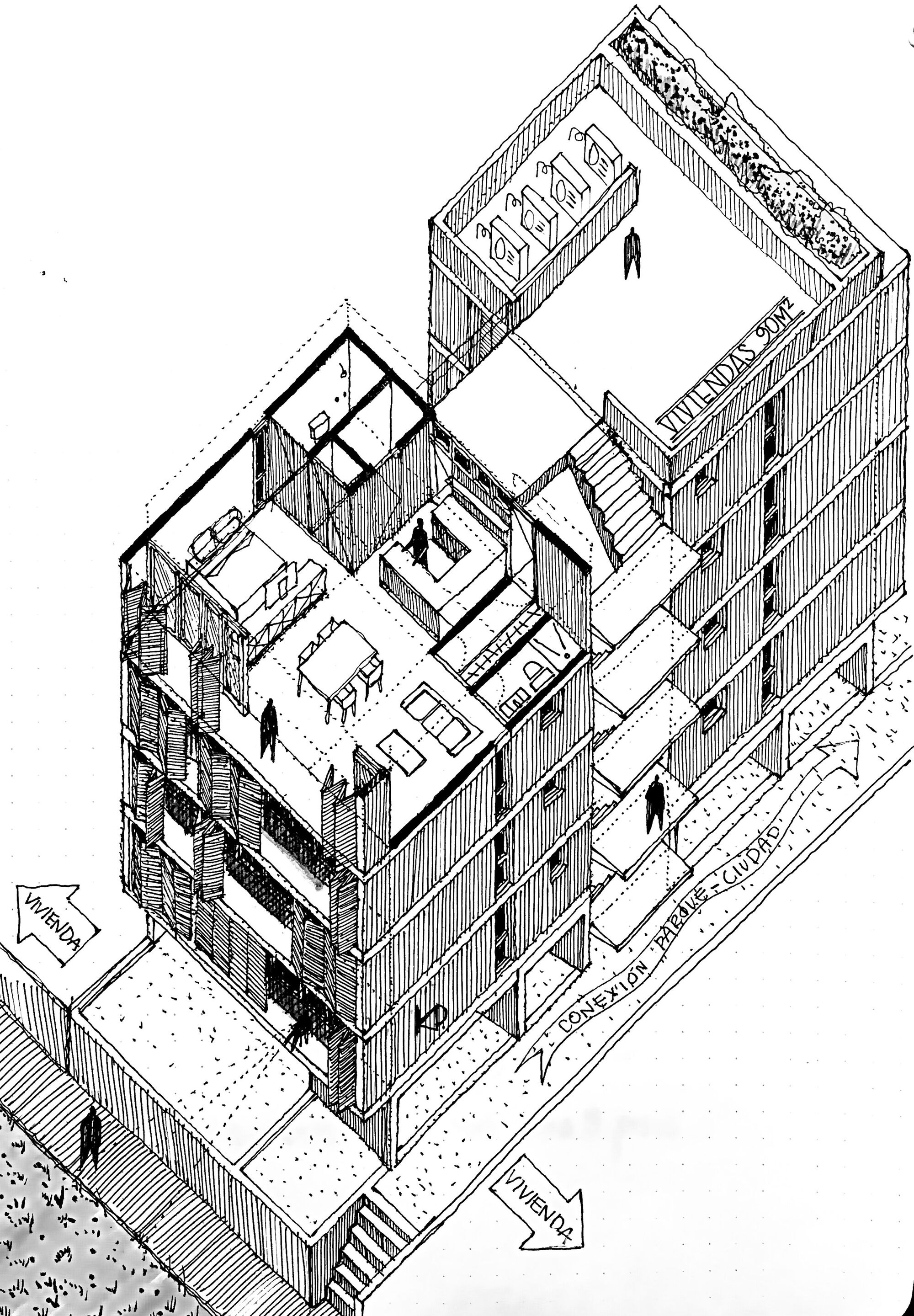 Isometric drawing of a multi-story building with rooftop terraces and figures on various levels