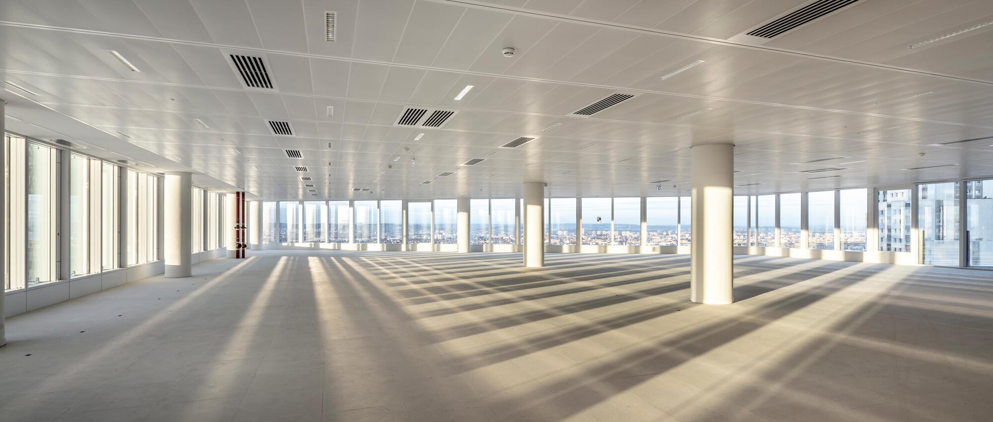 Empty office floor with concrete slab and cylindrical columns framed by floor-to-ceiling windows