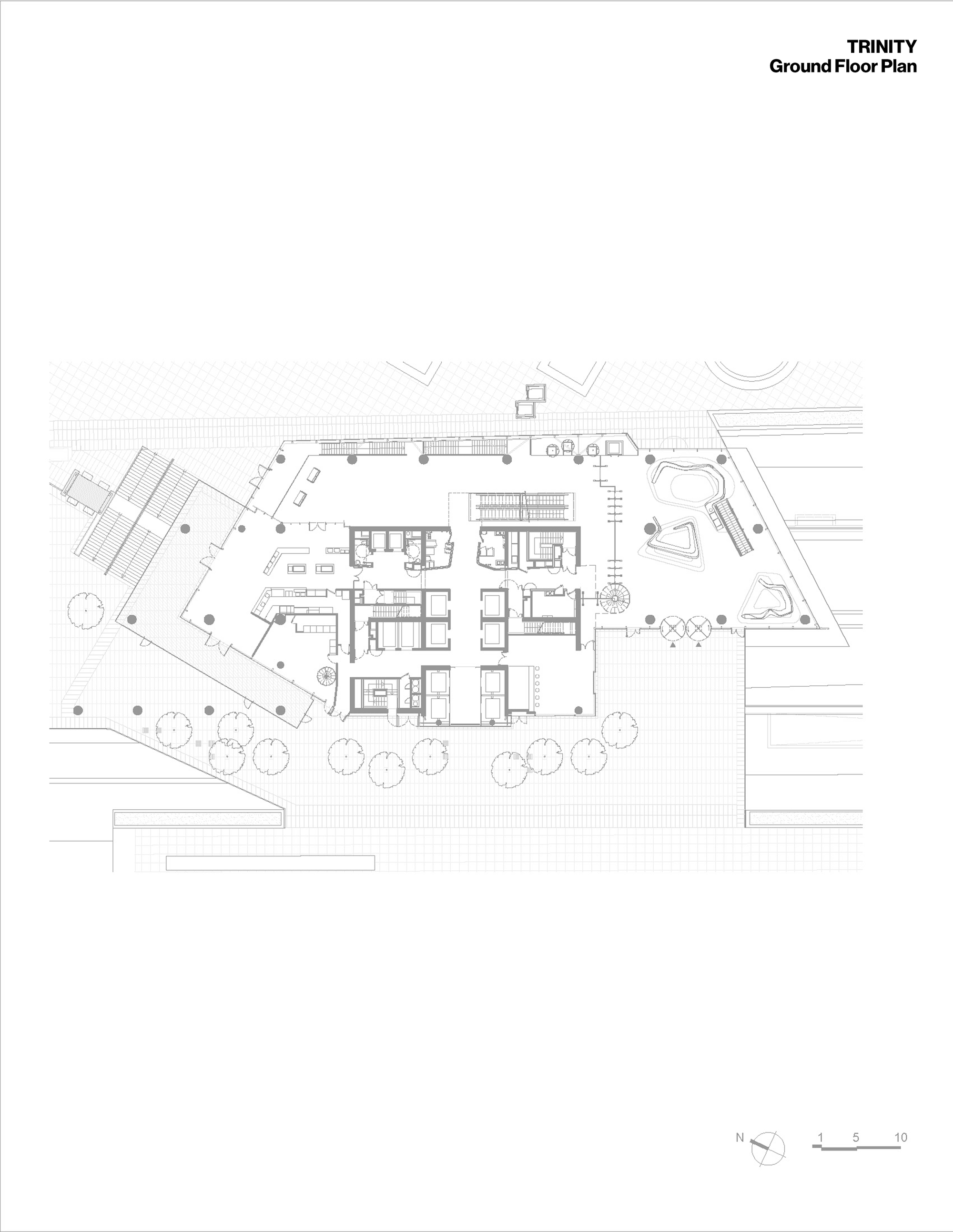 Ground floor plan drawing with room layouts and surrounding trees indicated by circular symbols