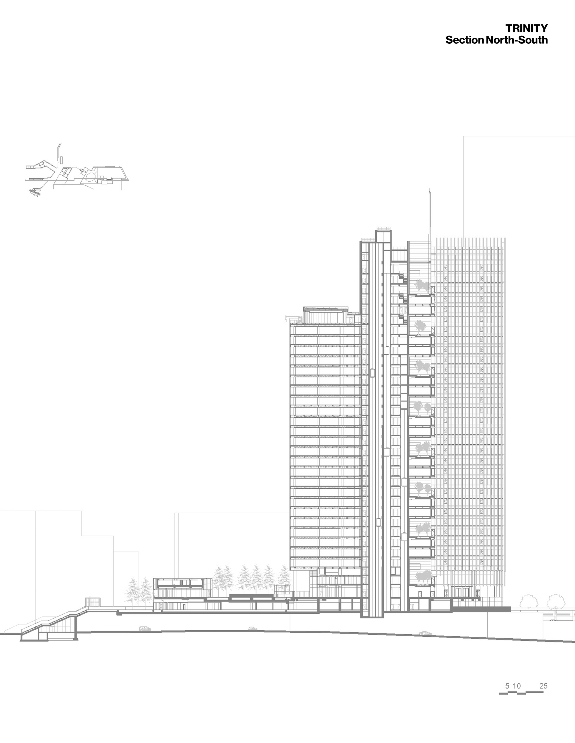 North-south section drawing showing three tower volumes of varying heights with podium and plaza