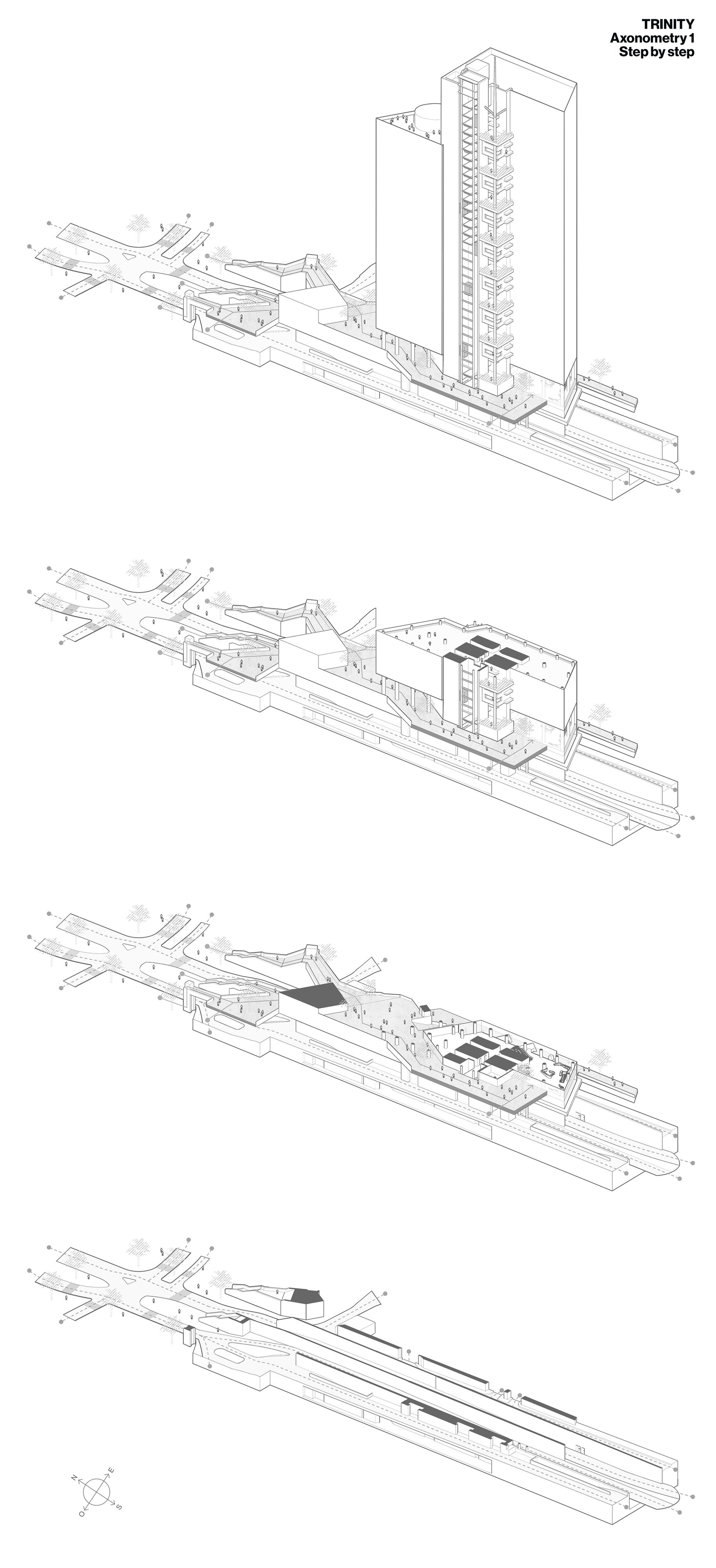 Axonometric sequence showing tower and linear infrastructure elements dissolving across four stages
