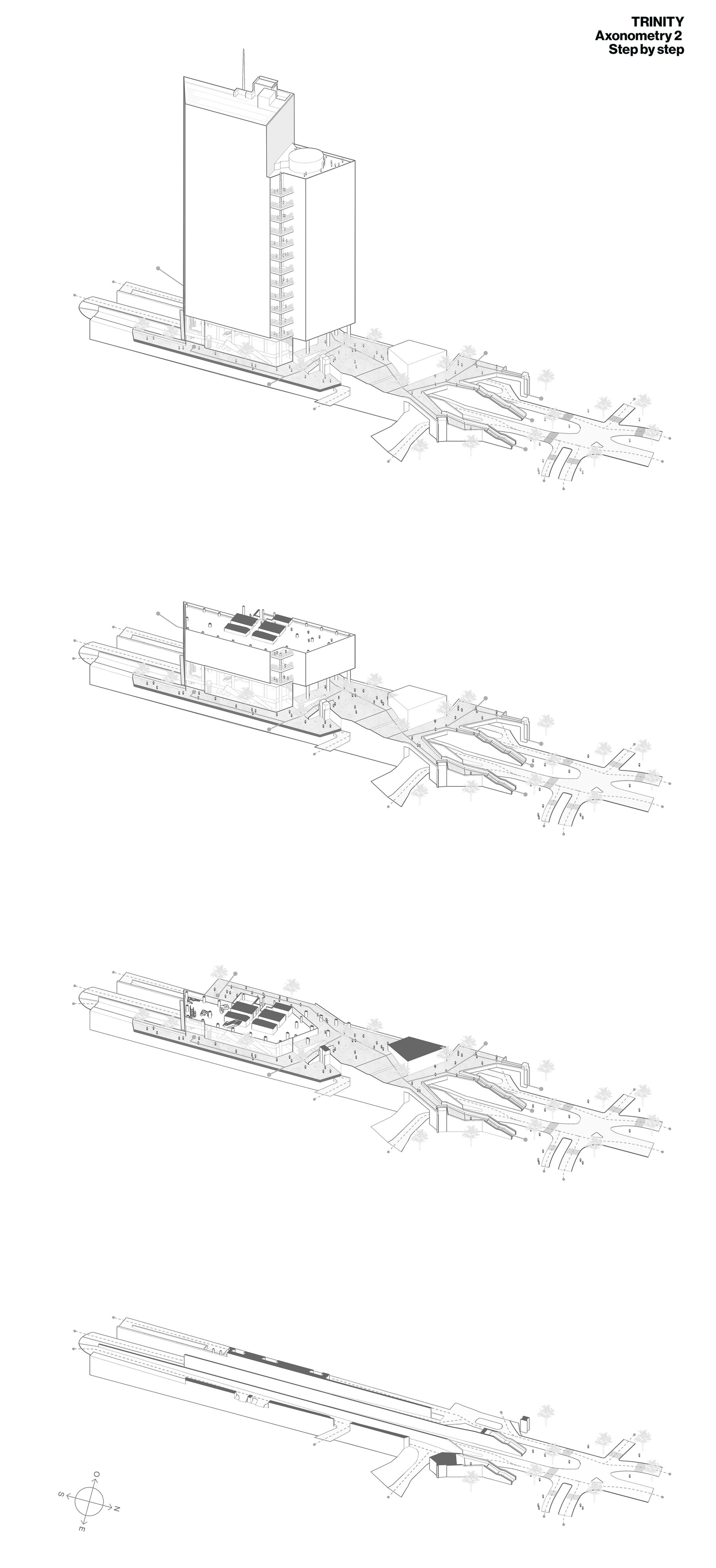 Axonometric sequence showing tower and linear base volumes progressively removed across four stages