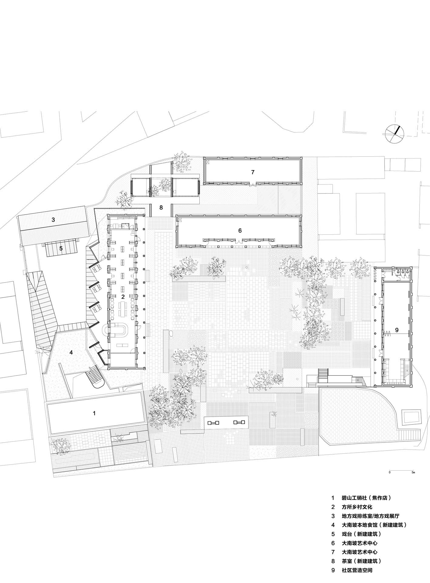 Floor plan drawing showing interior layout with furniture arrangement and central courtyard with vegetation