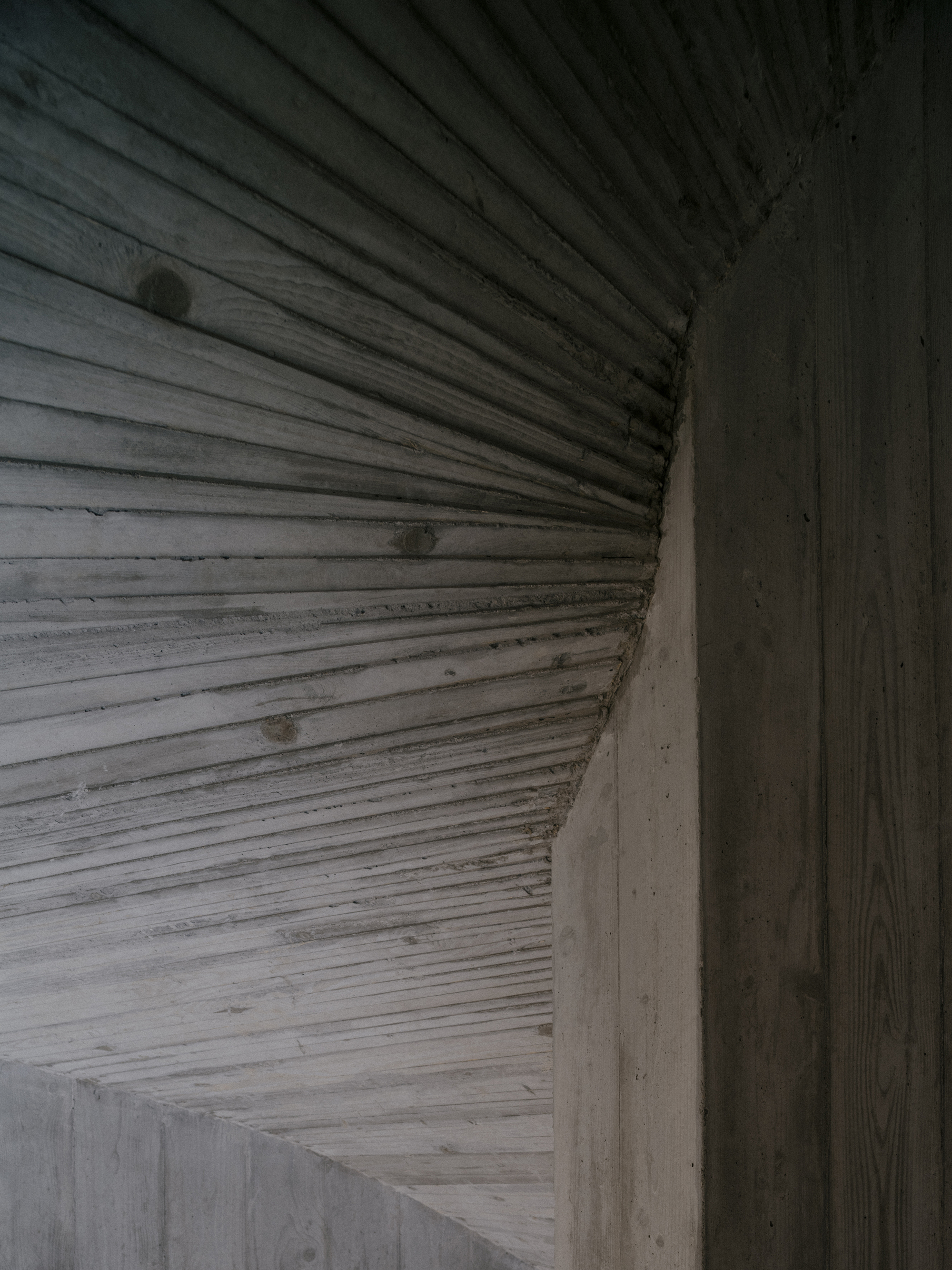 Close-up of ribbed timber ceiling meeting a board-formed concrete wall at the corner