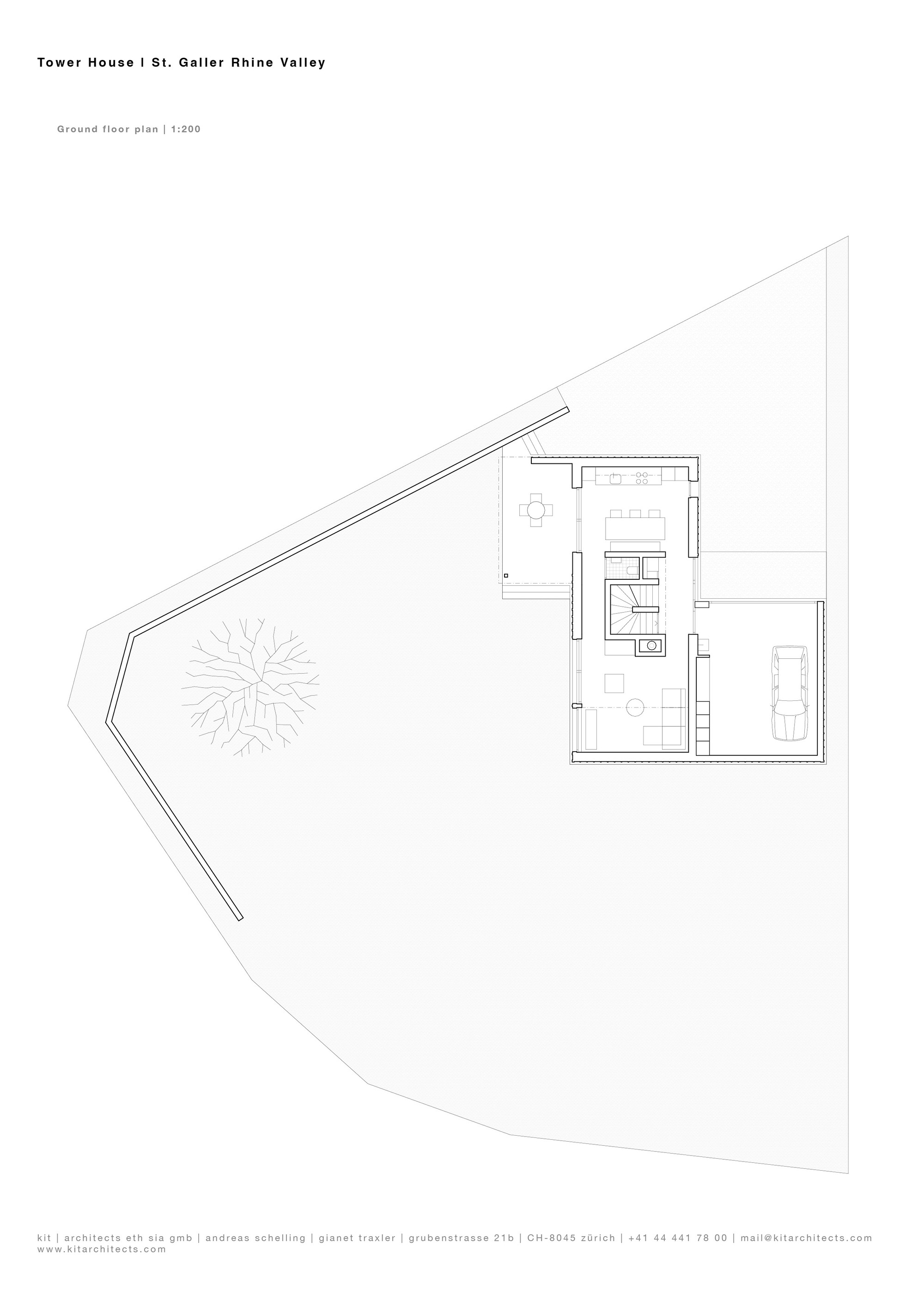 Ground floor plan drawing with angled terrace, tree symbol, and compact interior room arrangement