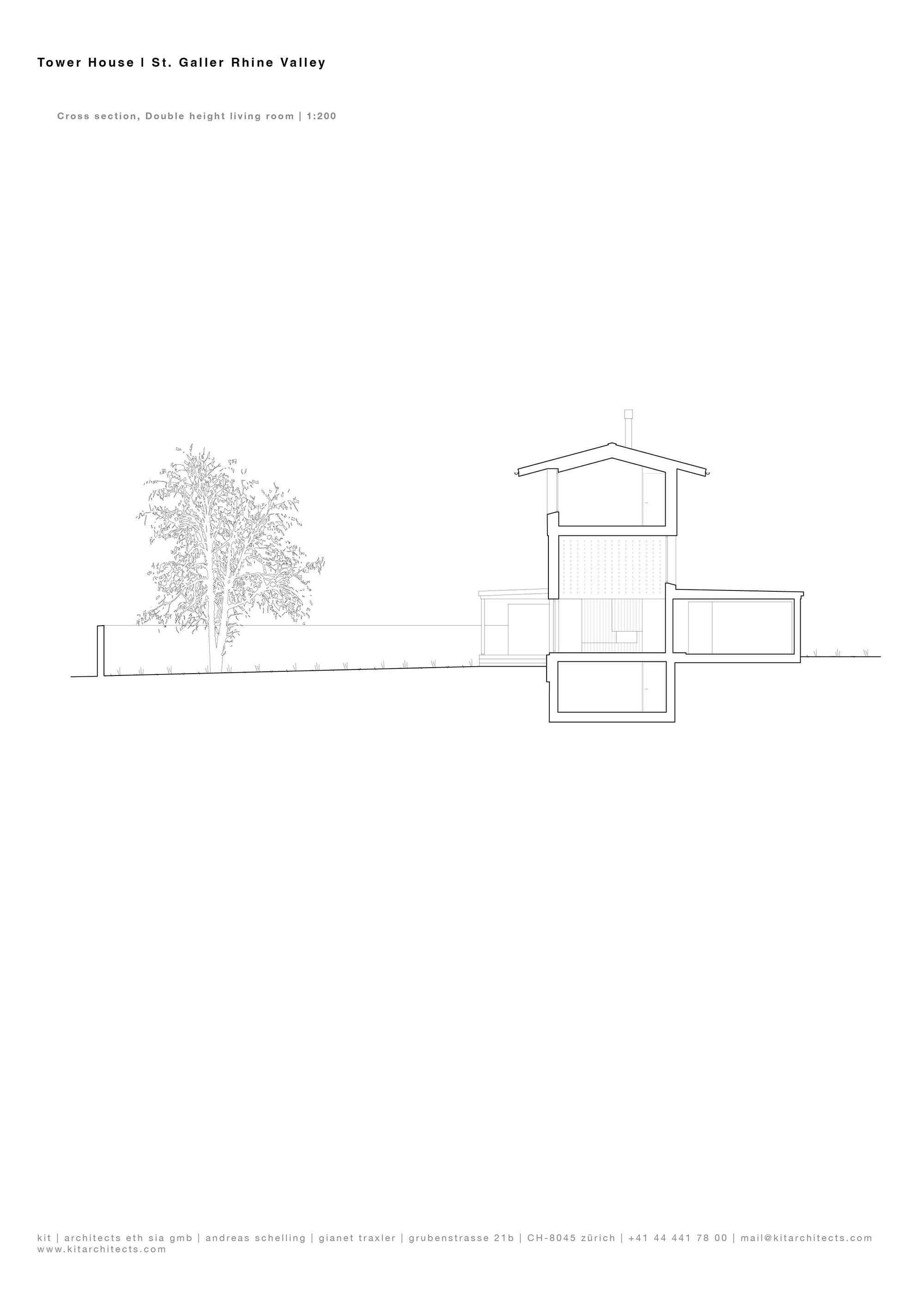 Cross section drawing of the tower house showing double height living room and tree