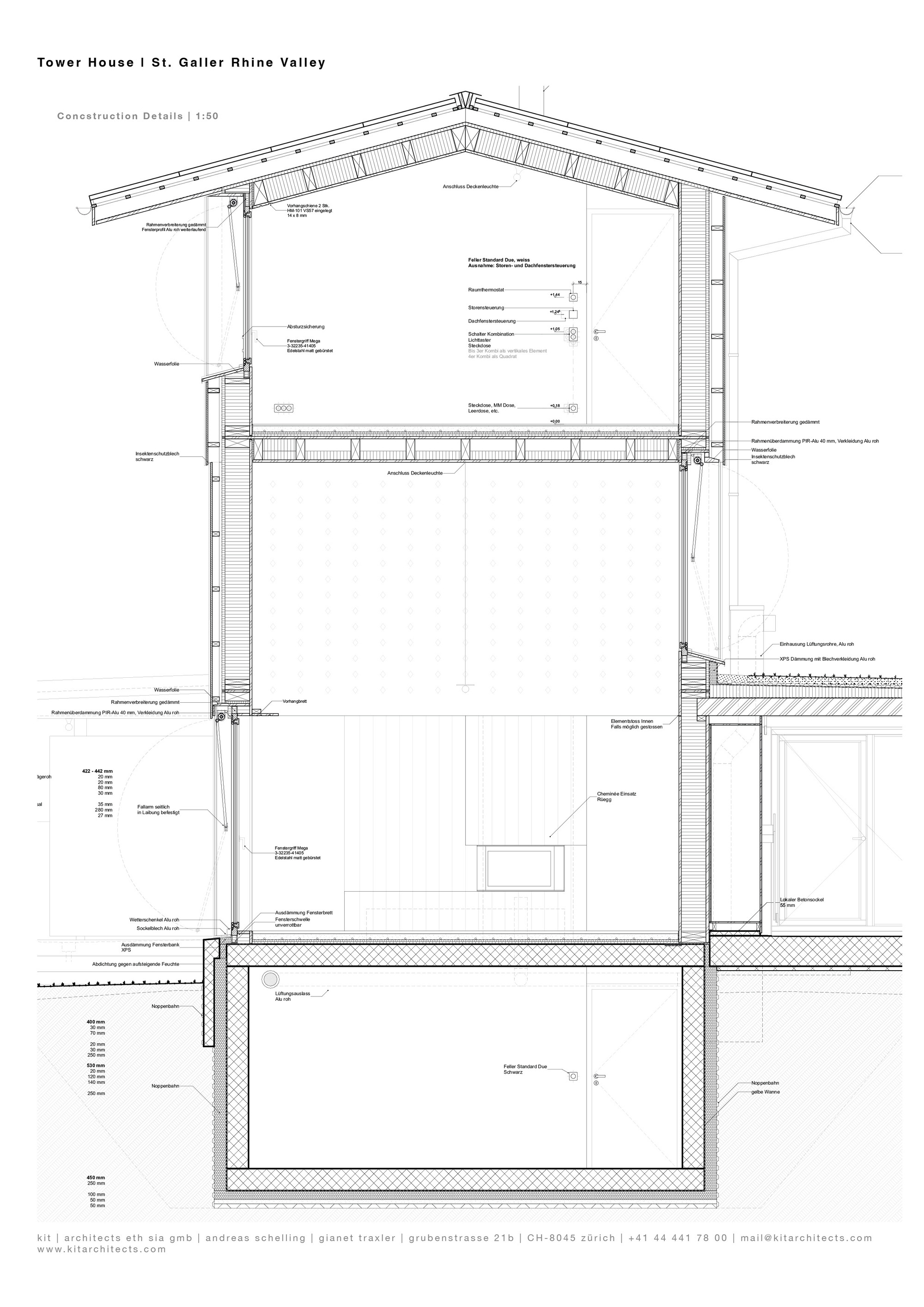 Construction detail section drawing showing roof assembly, wall system, and foundation connections
