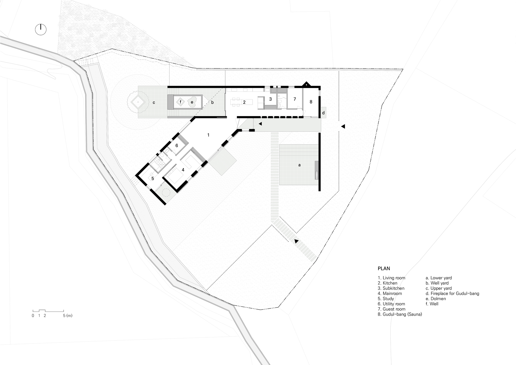 Site plan drawing showing angled building volumes on an irregular lot with access road
