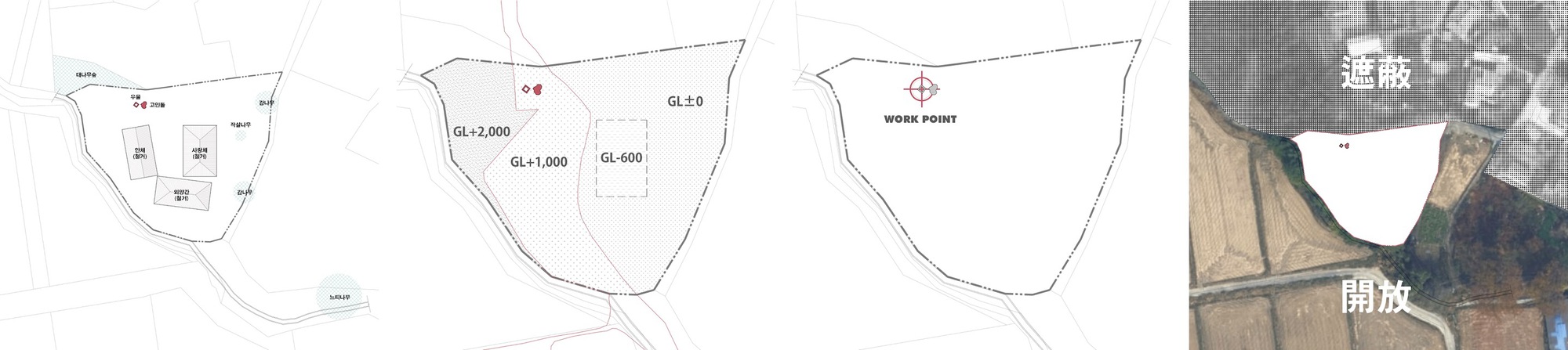 Site plan drawing sequence showing three phases of development on an irregularly shaped plot