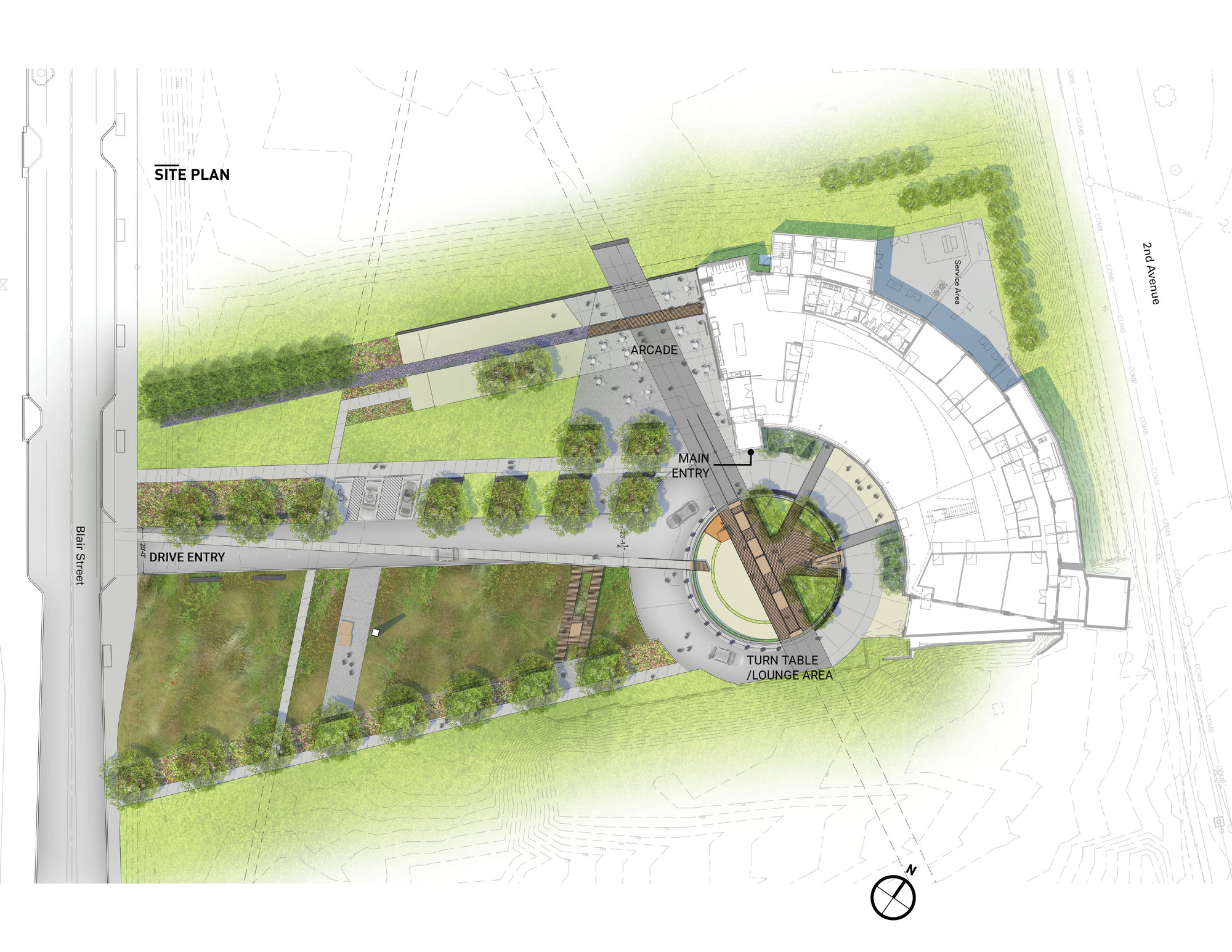 Rendered site plan showing the curved building footprint with landscaped entry court and circular turntable lounge area