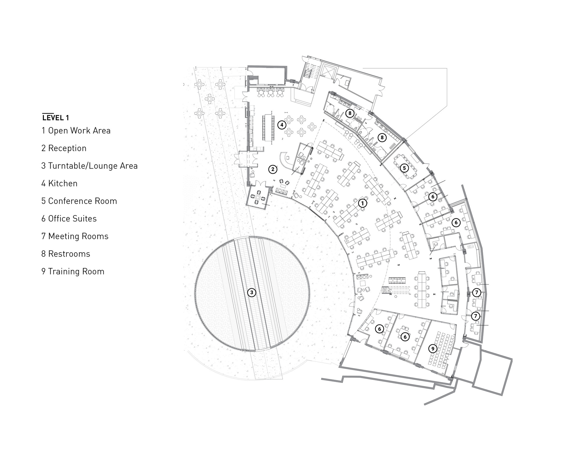 First level floor plan showing the curved arc layout with central circular void and office suites along perimeter
