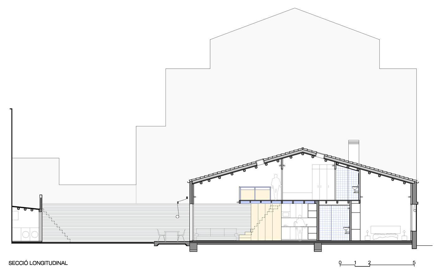 Longitudinal section drawing showing the pitched roof structure over interior spaces and stairwell