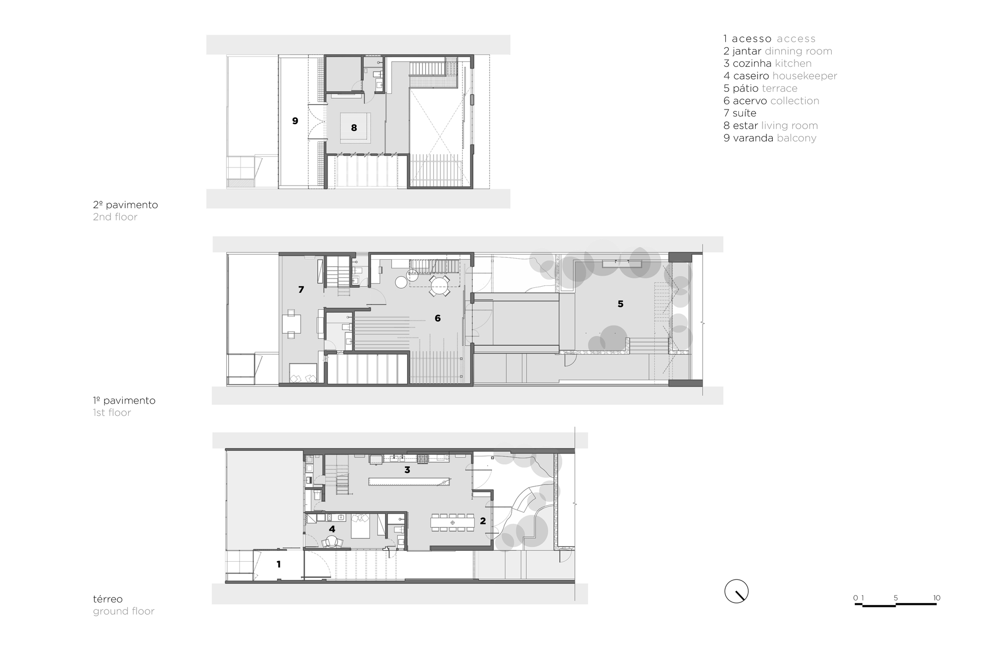 Floor plan drawing showing three levels of a narrow residential layout with central staircase