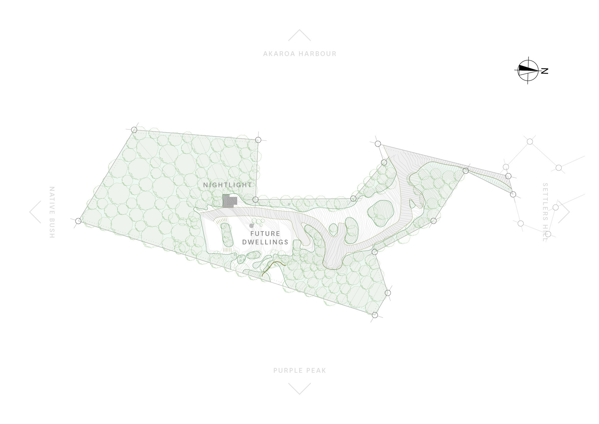 Site plan drawing showing a small structure within a treed plot between harbour and hillside