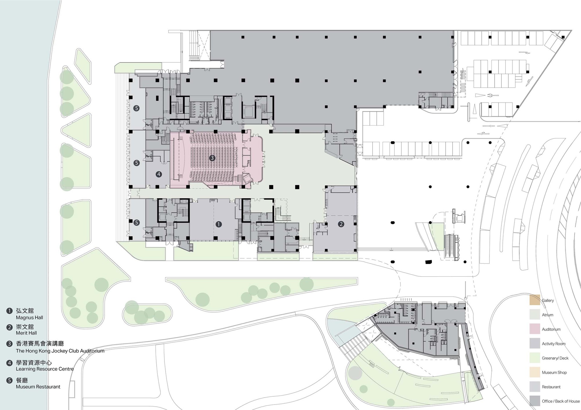 Site plan drawing showing the main building footprint with auditorium, surrounding landscape and adjacent curved structure