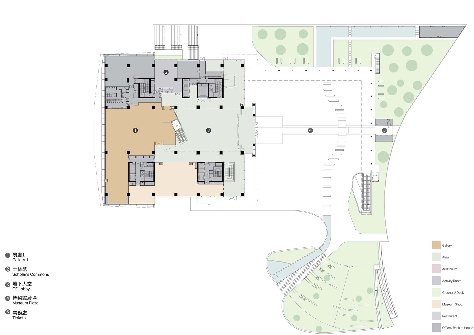 Floor plan drawing showing gallery spaces, atrium void and exterior terraces with plantings