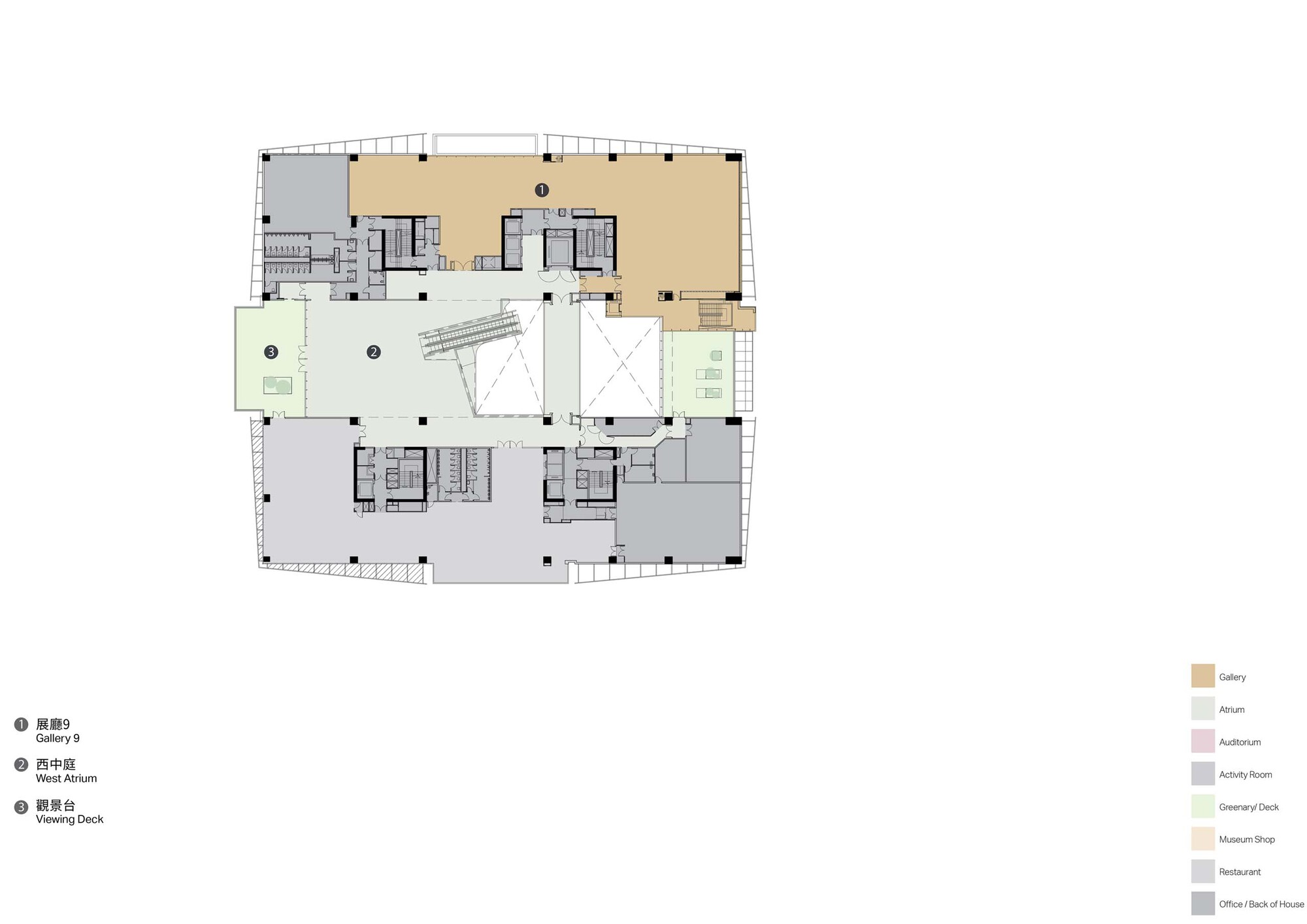 Floor plan drawing showing upper level galleries with viewing deck and atrium opening at center