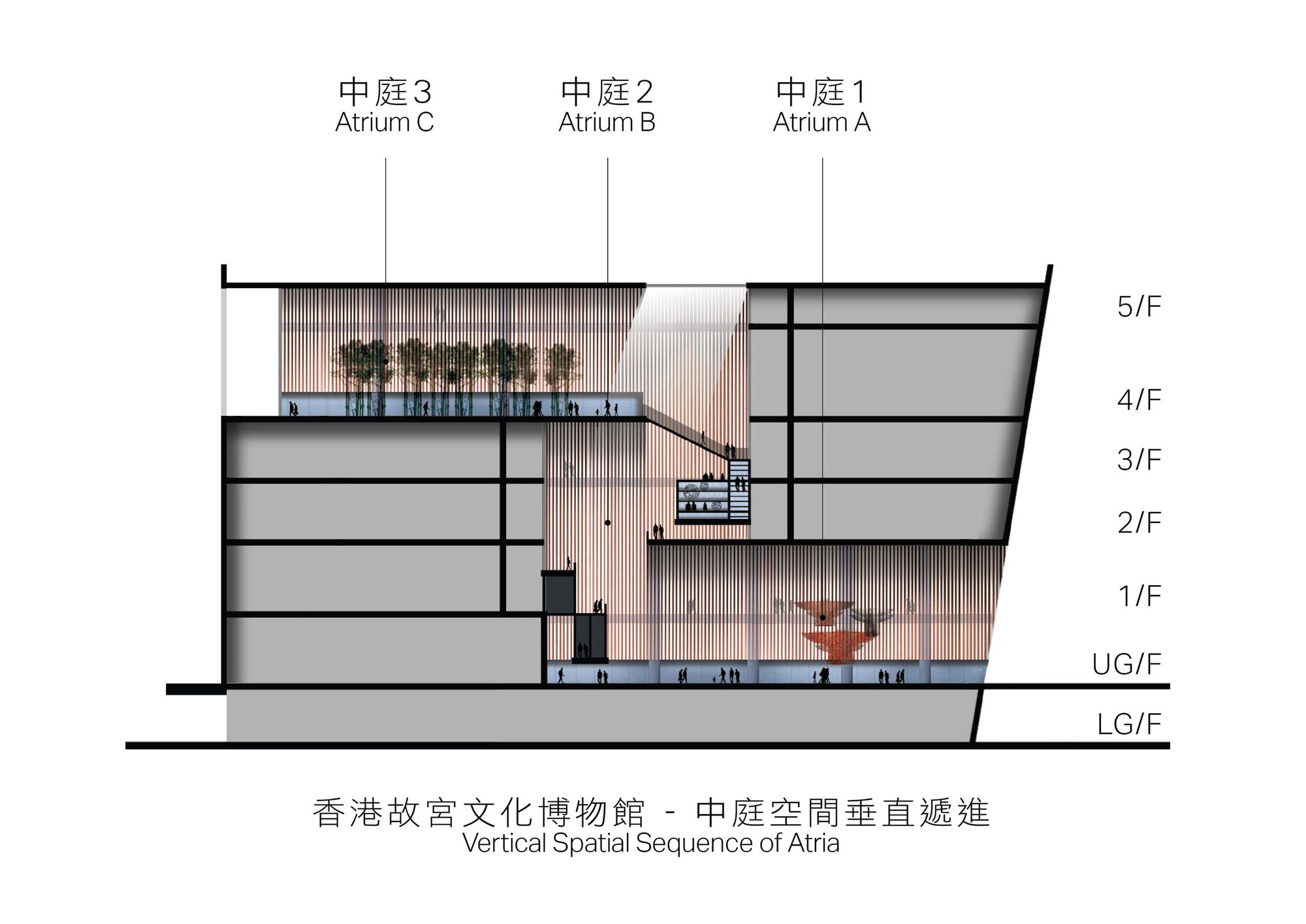 Section drawing showing three internal atrium voids spanning multiple floors with stairs and planted terraces